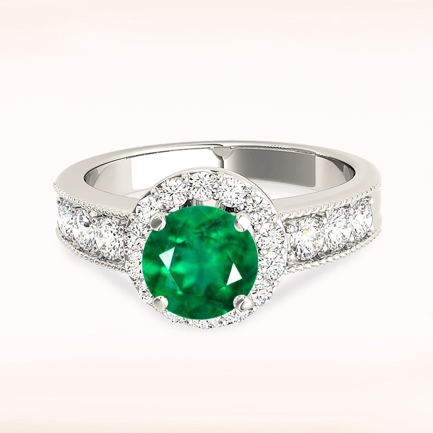 1.14 ct. Genuine Emerald Ring With 0.75 ctw. Diamond Halo, Milgrain Design Diamond Band-VIRABYANI