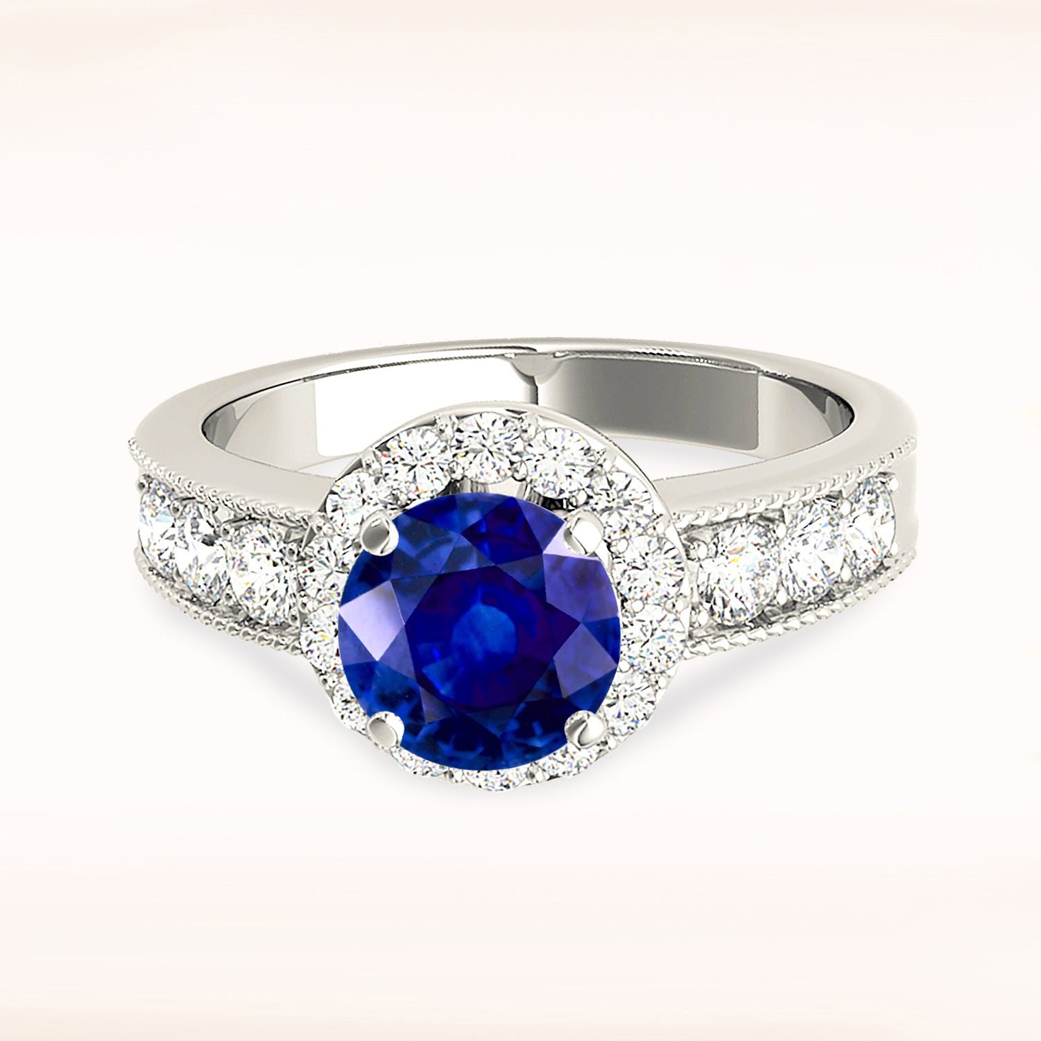 1.35 ct. Genuine Blue Sapphire Halo Ring With 0.75 ctw. Milgrain Side Diamonds-VIRABYANI