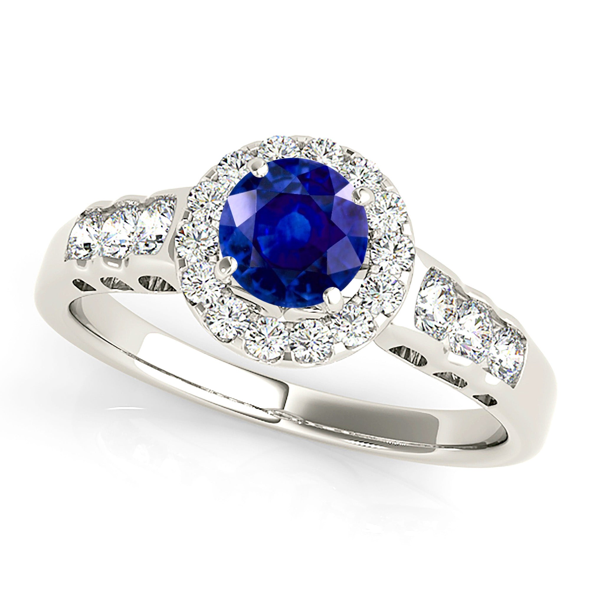 1.35 ct. Genuine Blue Sapphire Halo Ring With 0.50 ctw. Side Diamonds-VIRABYANI