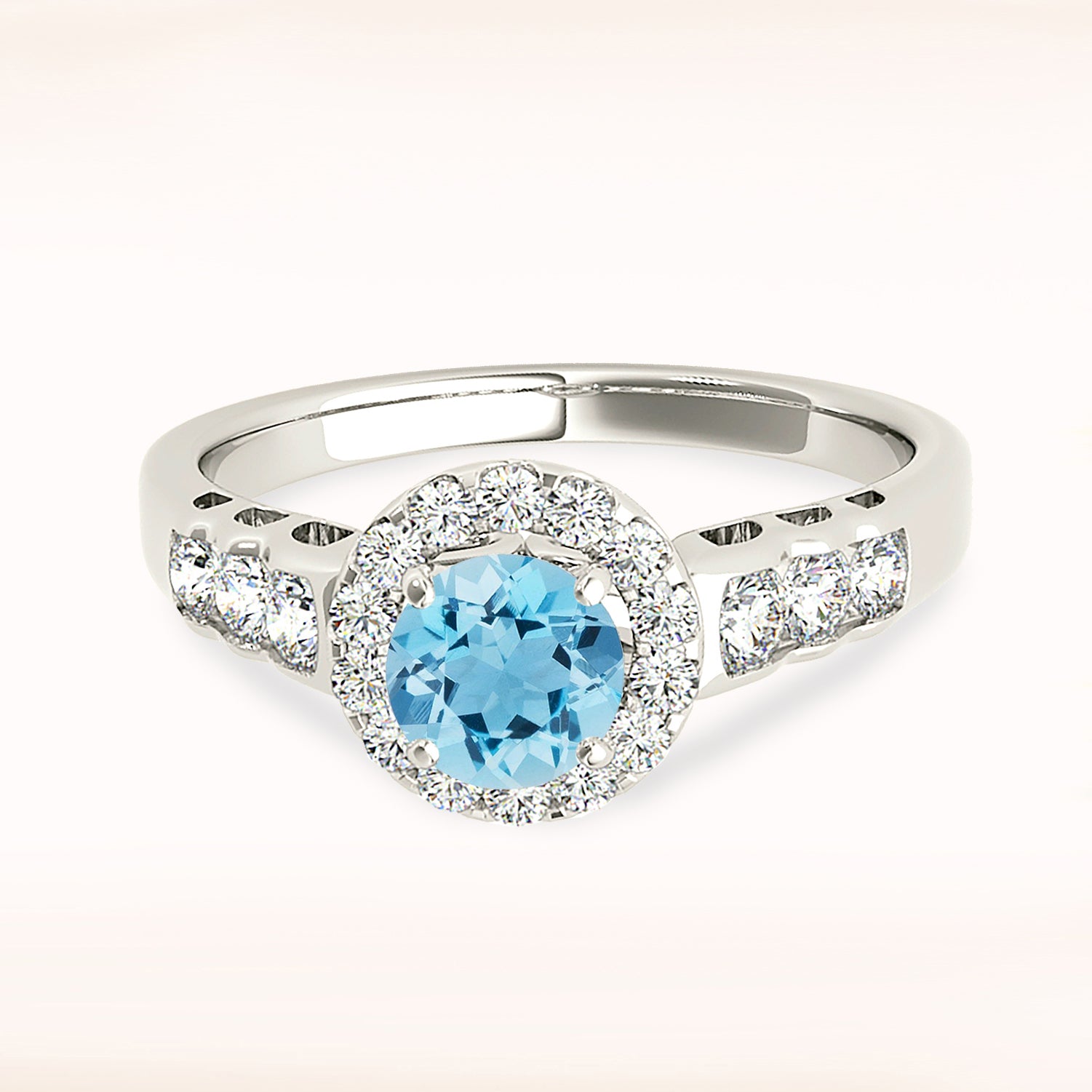 1.10 ct. Genuine Aquamarine Ring With 0.50 ctw. Diamond Halo, Diamond Band, Open Leaf Shape Design Sides | Round Blue Aquamarine Halo Ring-VIRABYANI