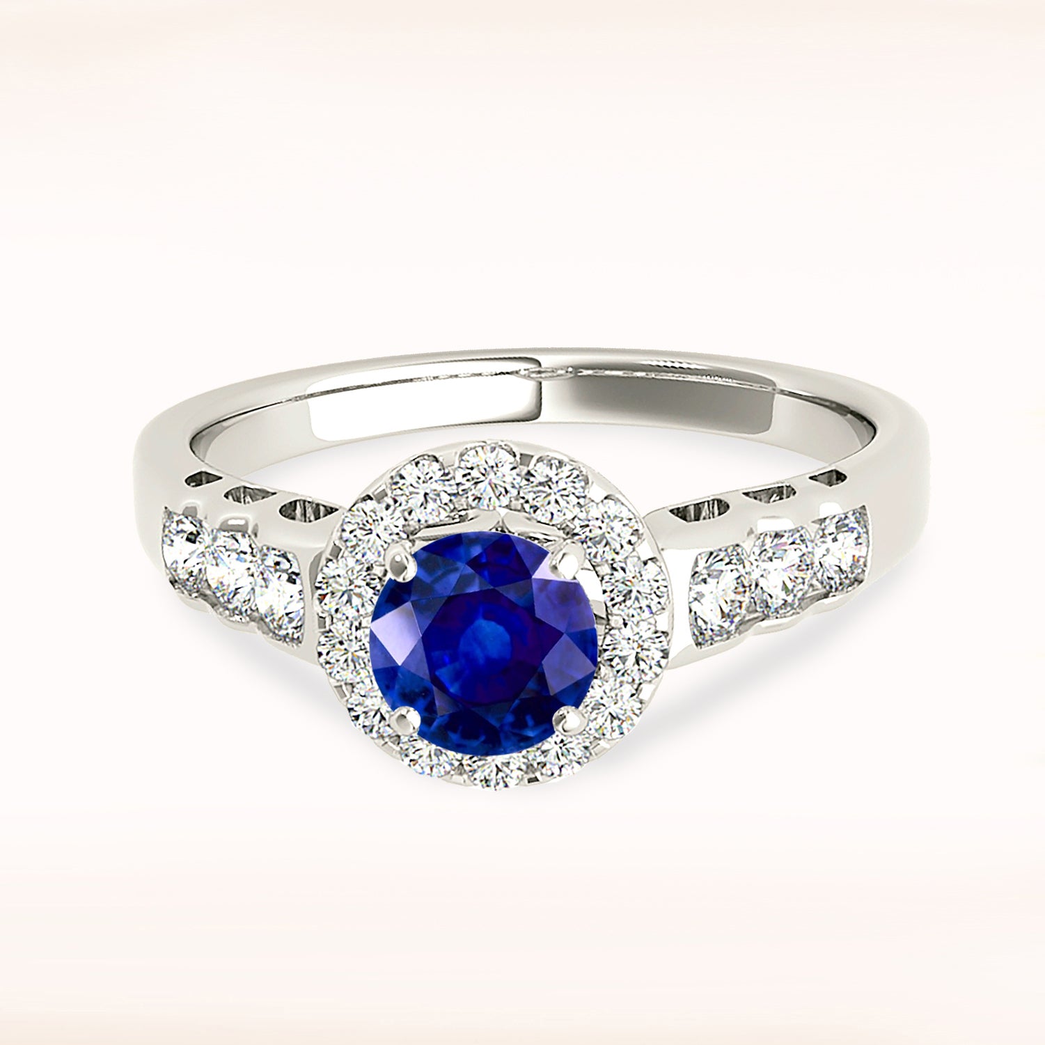 1.35 ct. Genuine Blue Sapphire Halo Ring With 0.50 ctw. Side Diamonds-VIRABYANI