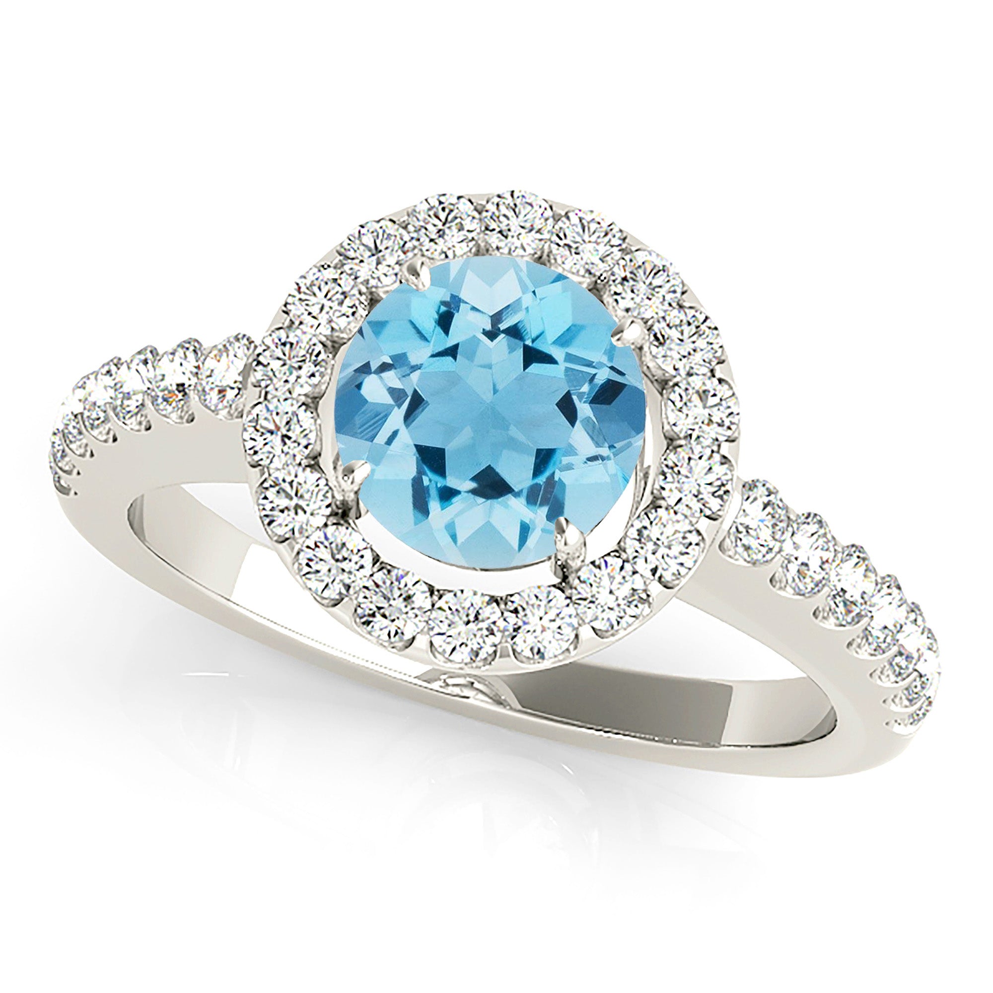 1.10 ct. Genuine Aquamarine Ring With 0.50 ctw. Diamond Halo, Delicate Thin Diamond Band, Cathedral Setting |Round Blue Aquamarine Halo Ring-VIRABYANI