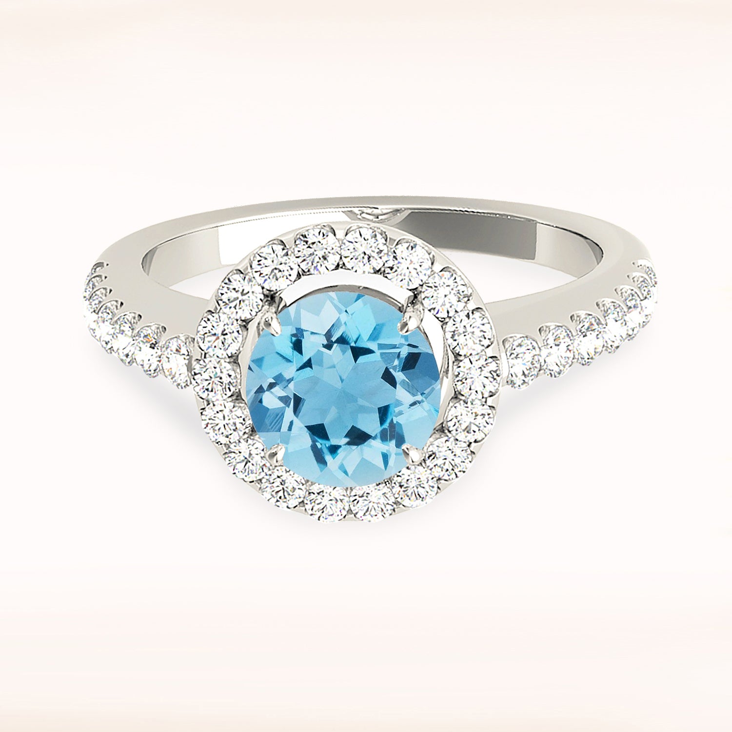 1.10 ct. Genuine Aquamarine Ring With 0.50 ctw. Diamond Halo, Delicate Thin Diamond Band, Cathedral Setting |Round Blue Aquamarine Halo Ring-VIRABYANI