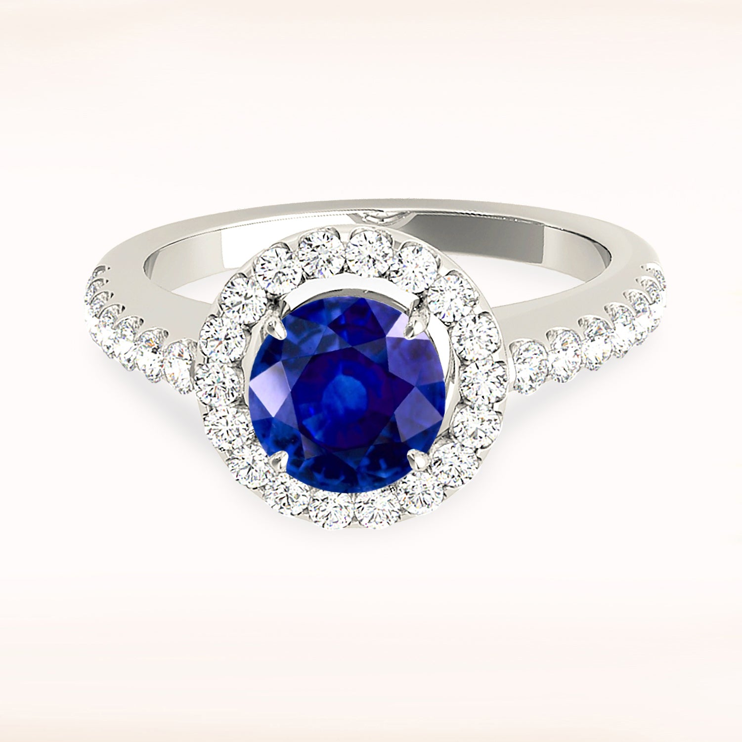 1.35 ct. Genuine Blue Sapphire Beautiful Classic Halo Ring With 0.50 ctw. Side Diamonds-VIRABYANI