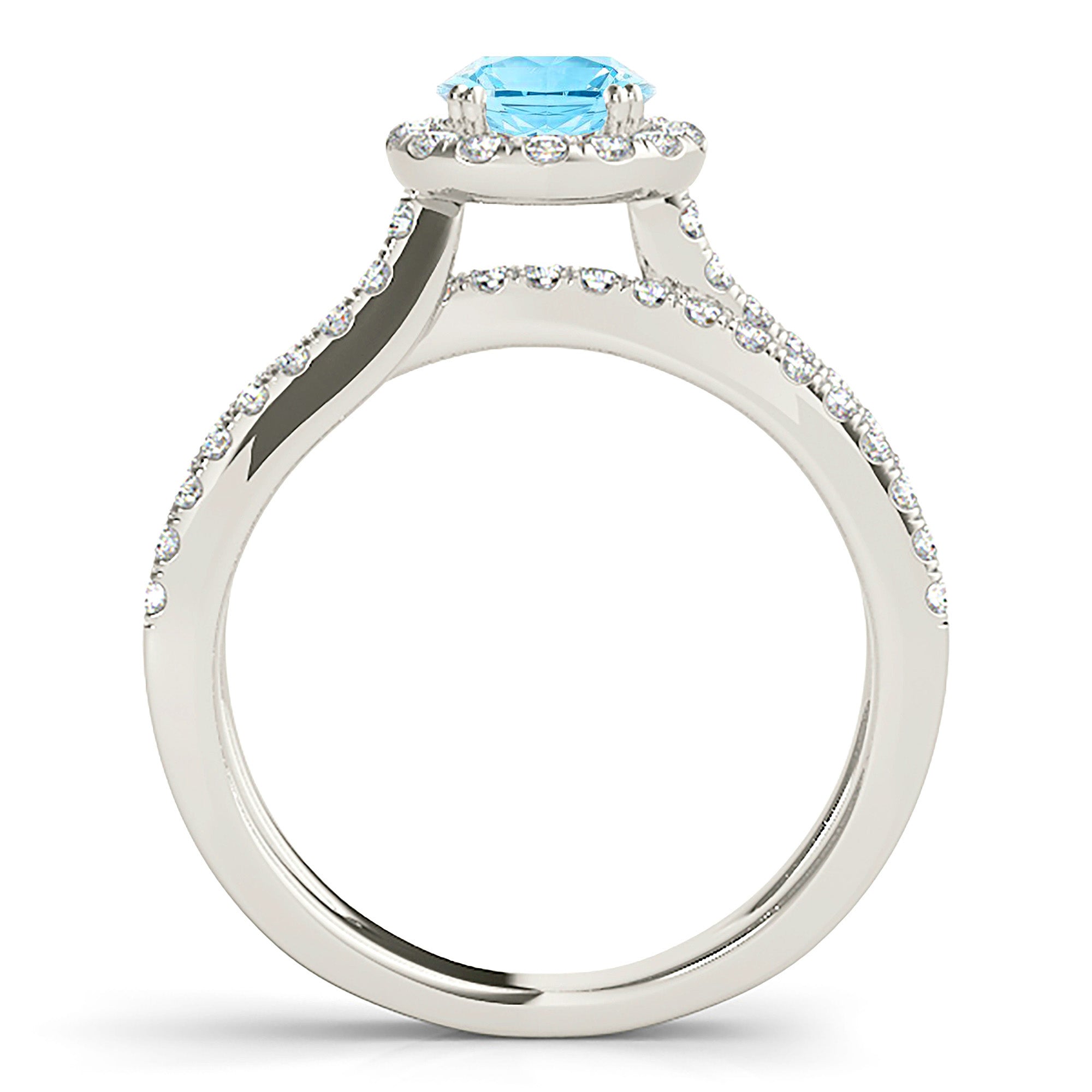 1.10 ct. Genuine Aquamarine Ring With 0.50 ctw. Diamond Halo And Criss-Cross Diamond Band | Round Blue Aquamarine Halo Ring-VIRABYANI