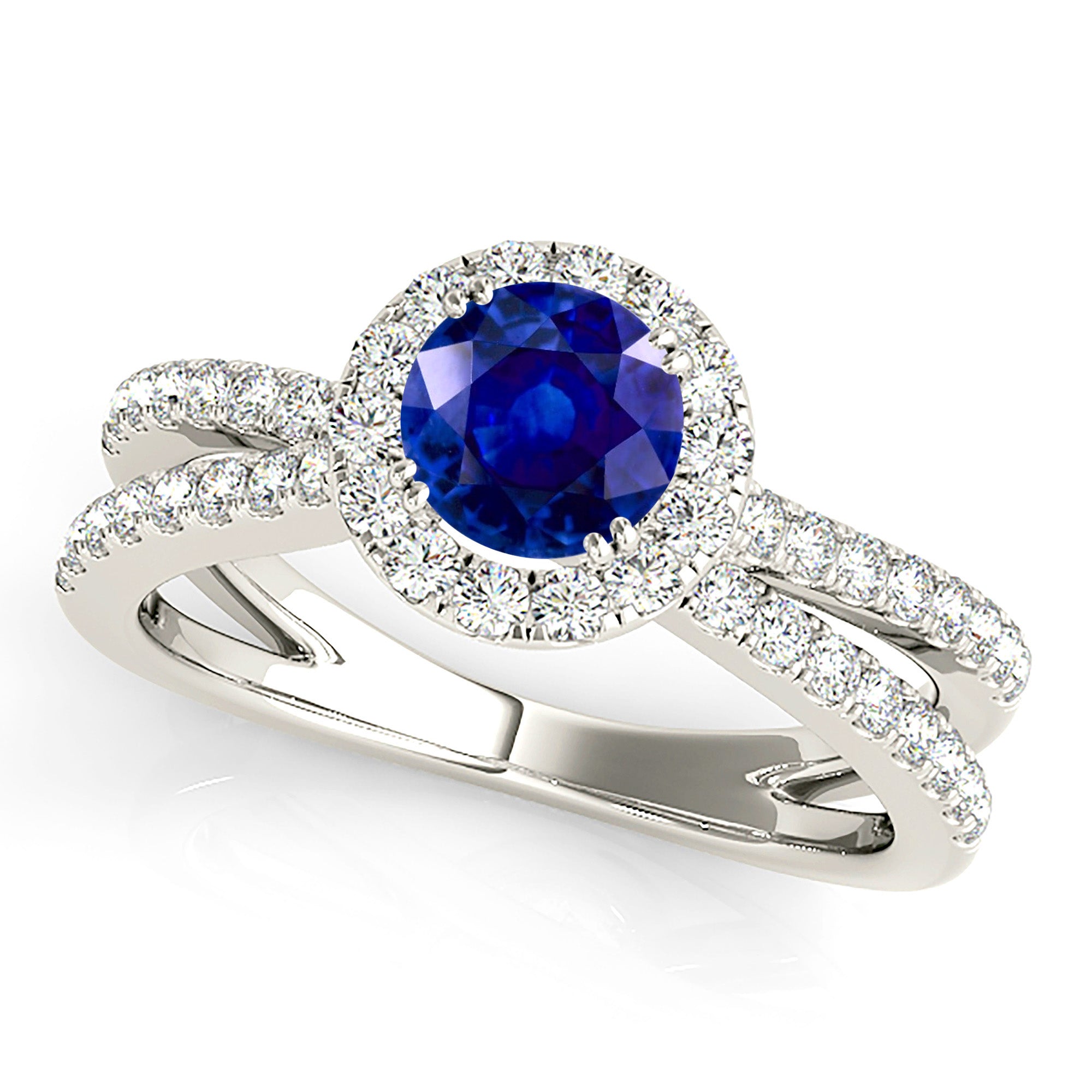 1.35 ct. Genuine Blue Sapphire Criss Cross Halo Ring With 0.50 ctw. Side Diamonds-VIRABYANI