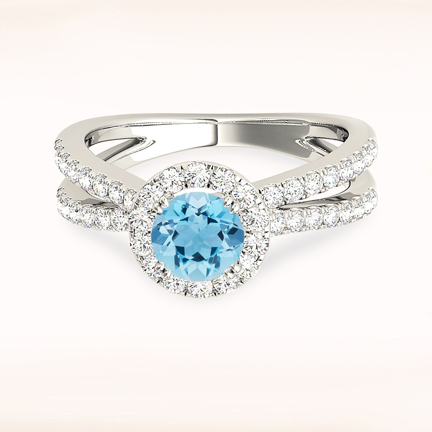 1.10 ct. Genuine Aquamarine Ring With 0.50 ctw. Diamond Halo And Criss-Cross Diamond Band | Round Blue Aquamarine Halo Ring-VIRABYANI