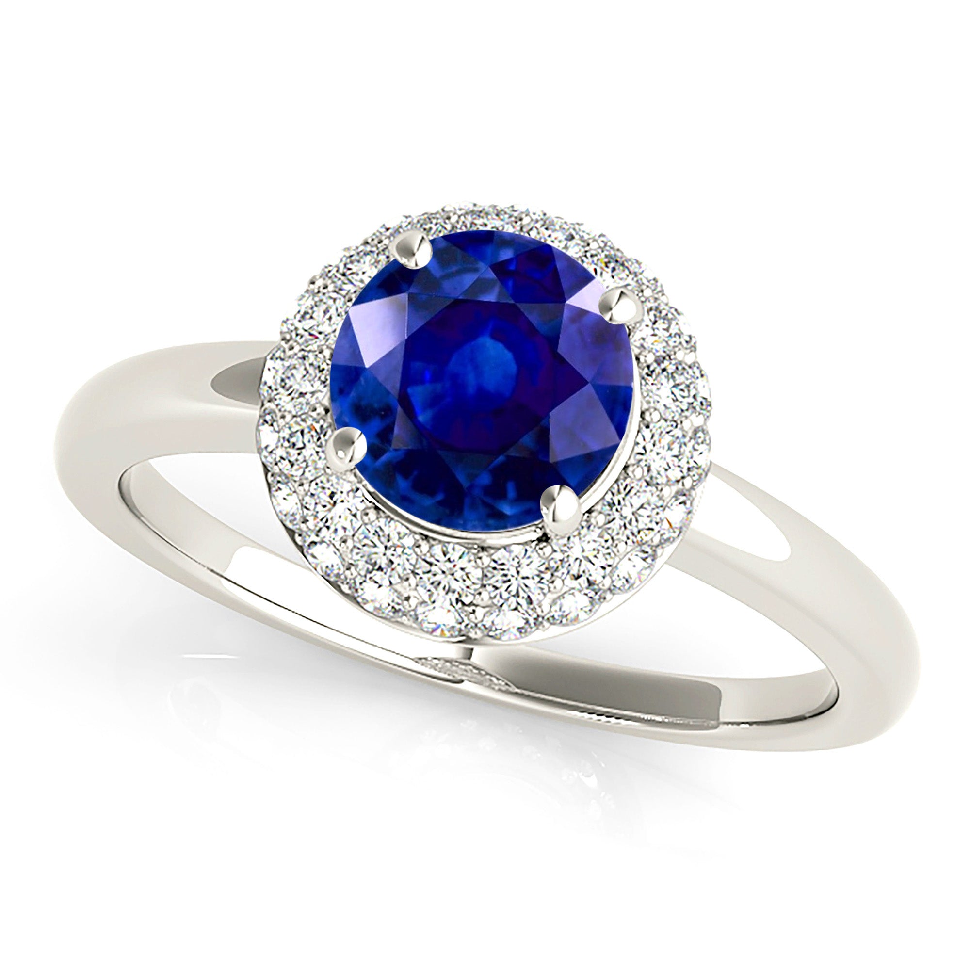 1.35 ct. Genuine Blue Sapphire Solitaire Halo Ring With 0.40 ctw. Pave Set Side Diamonds-VIRABYANI