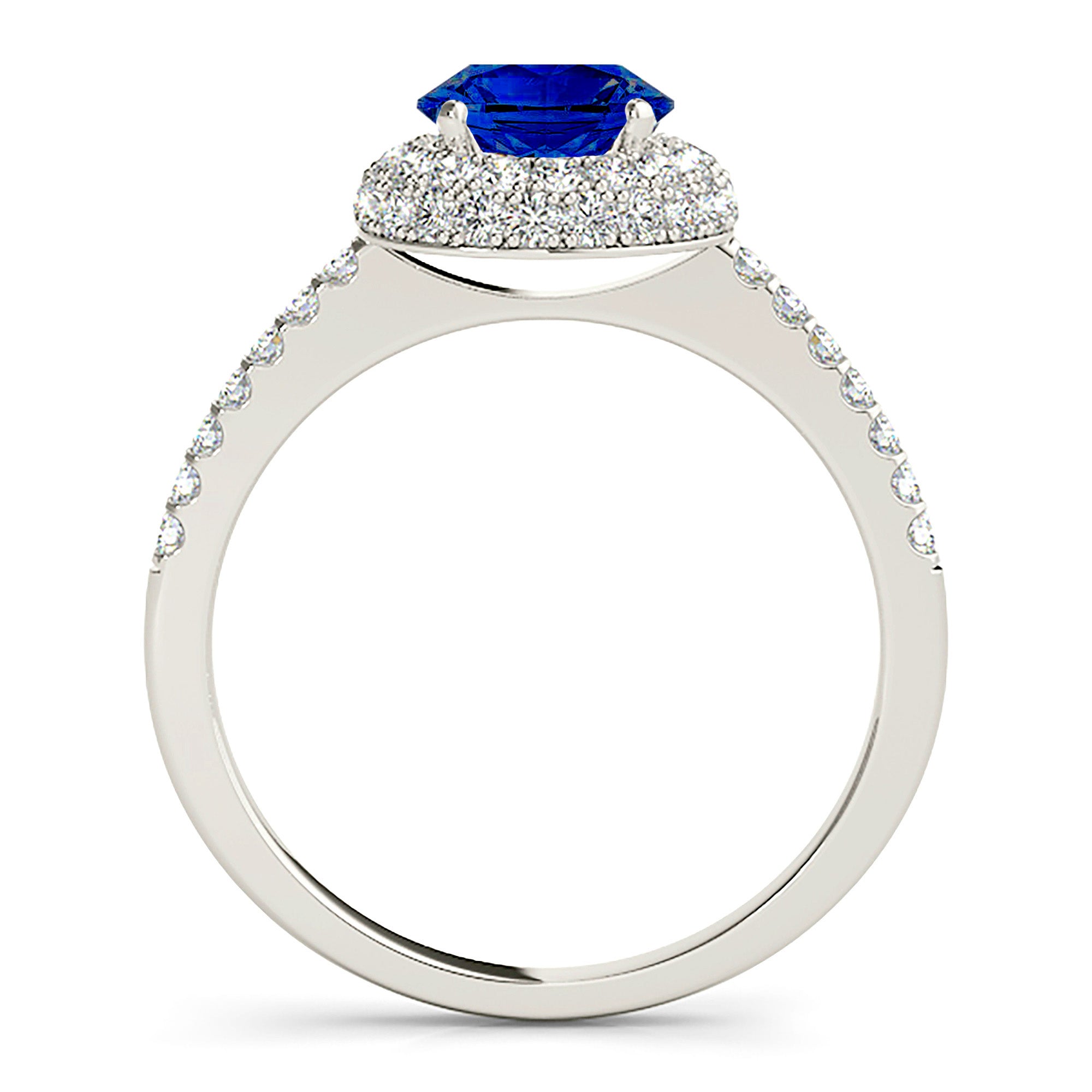 1.35 ct. Genuine Blue Sapphire Double Halo Ring with 0.50 ctw. Pave Set Side Diamonds-VIRABYANI