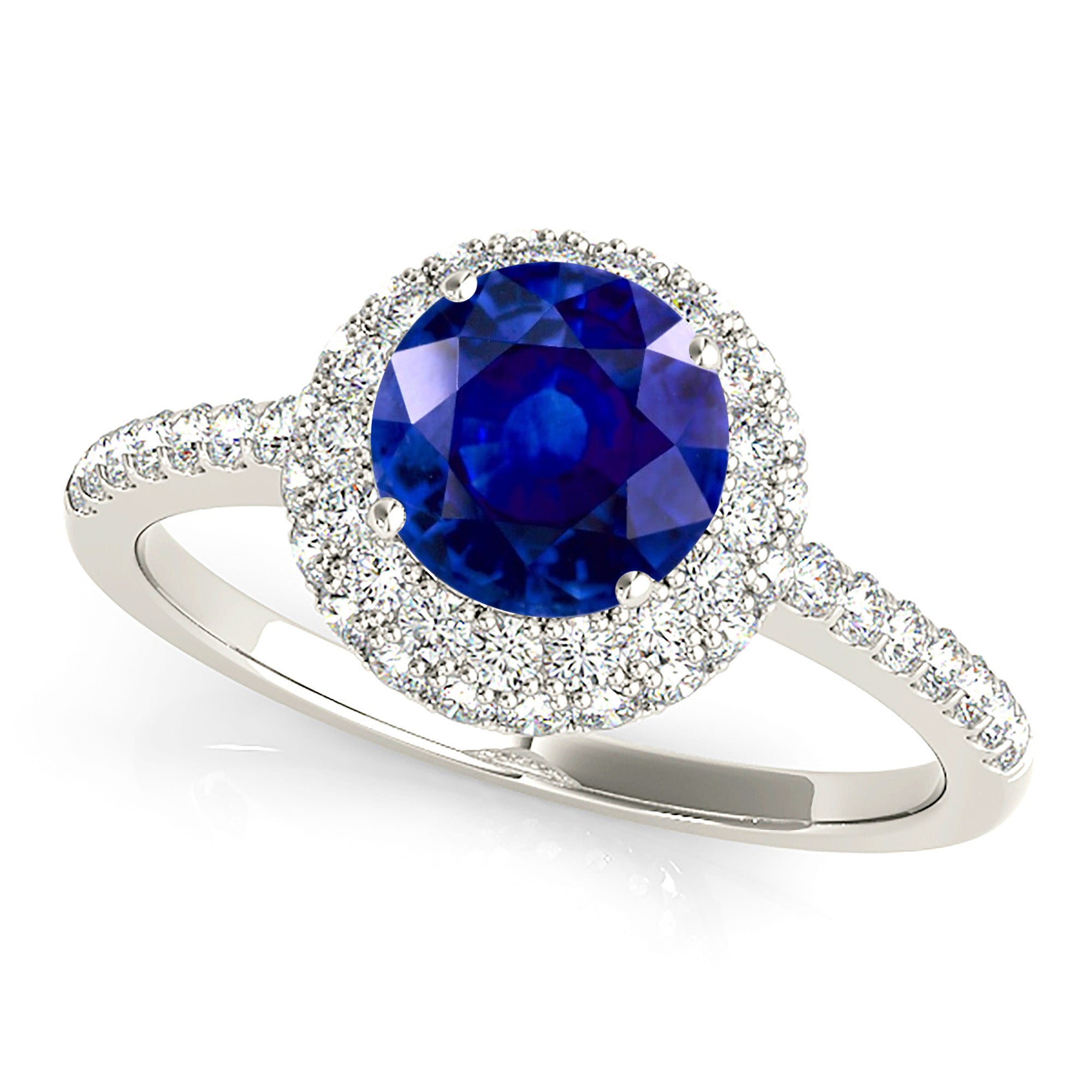 1.35 ct. Genuine Blue Sapphire Double Halo Ring with 0.50 ctw. Pave Set Side Diamonds-VIRABYANI
