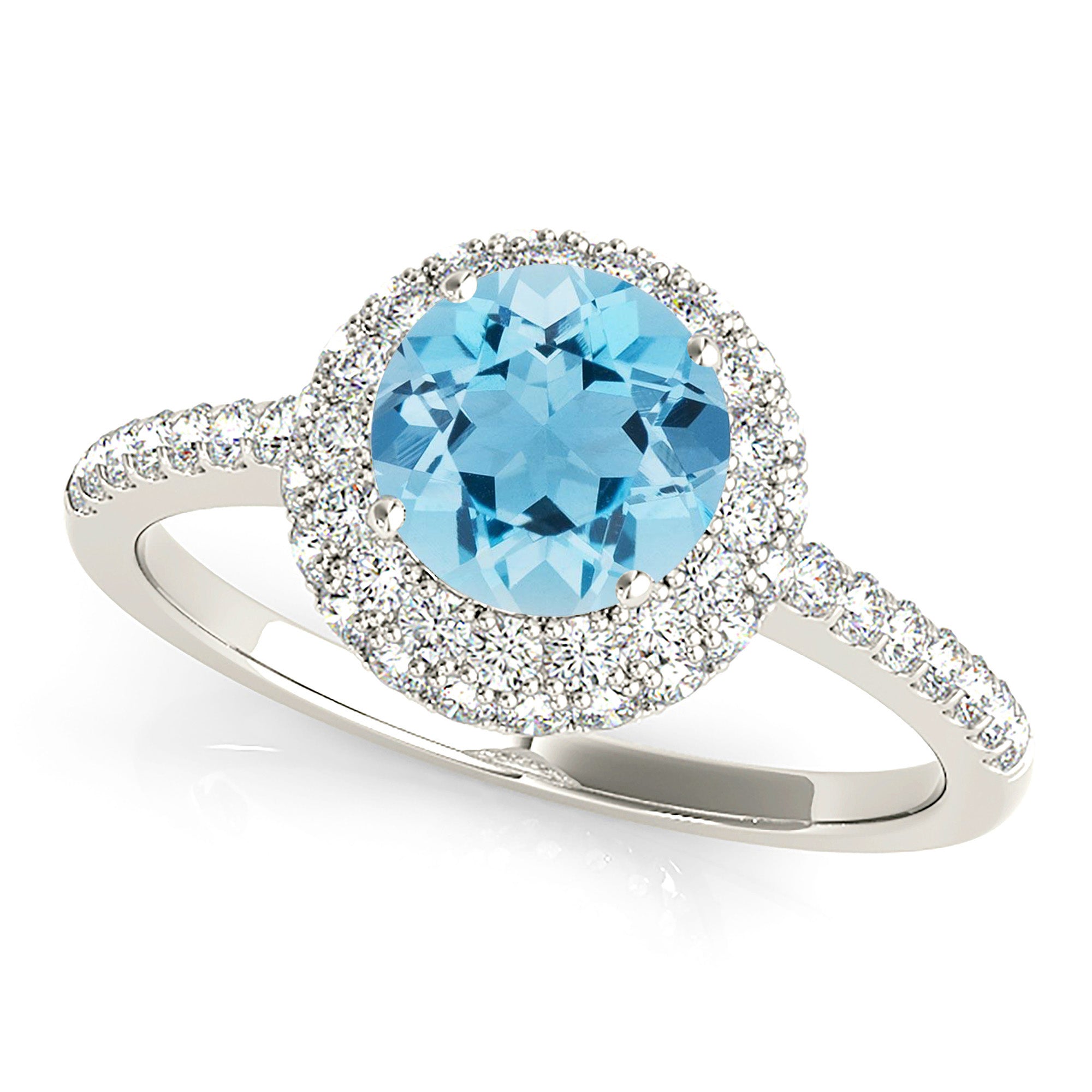 1.10 ct. Genuine Aquamarine Ring With 0.50 ctw. Diamond Double Edge Halo and Delicate Thin Diamond Band | Round Blue Aquamarine Halo Ring-VIRABYANI