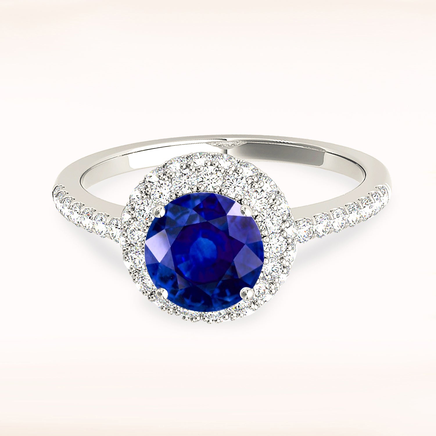 1.35 ct. Genuine Blue Sapphire Double Halo Ring with 0.50 ctw. Pave Set Side Diamonds-VIRABYANI