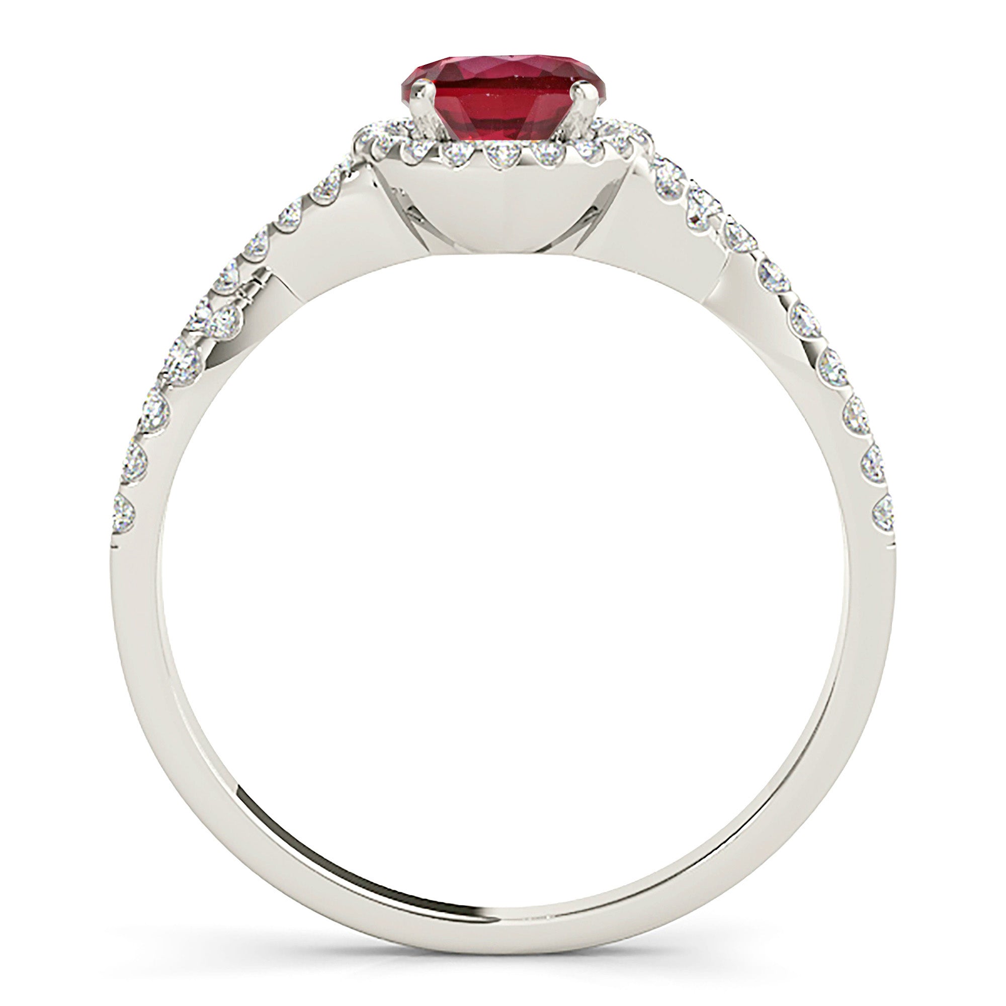 1.35 ct. Genuine Ruby Ring With 0.25 ctw. Diamond Halo And Twist Diamond band-VIRABYANI