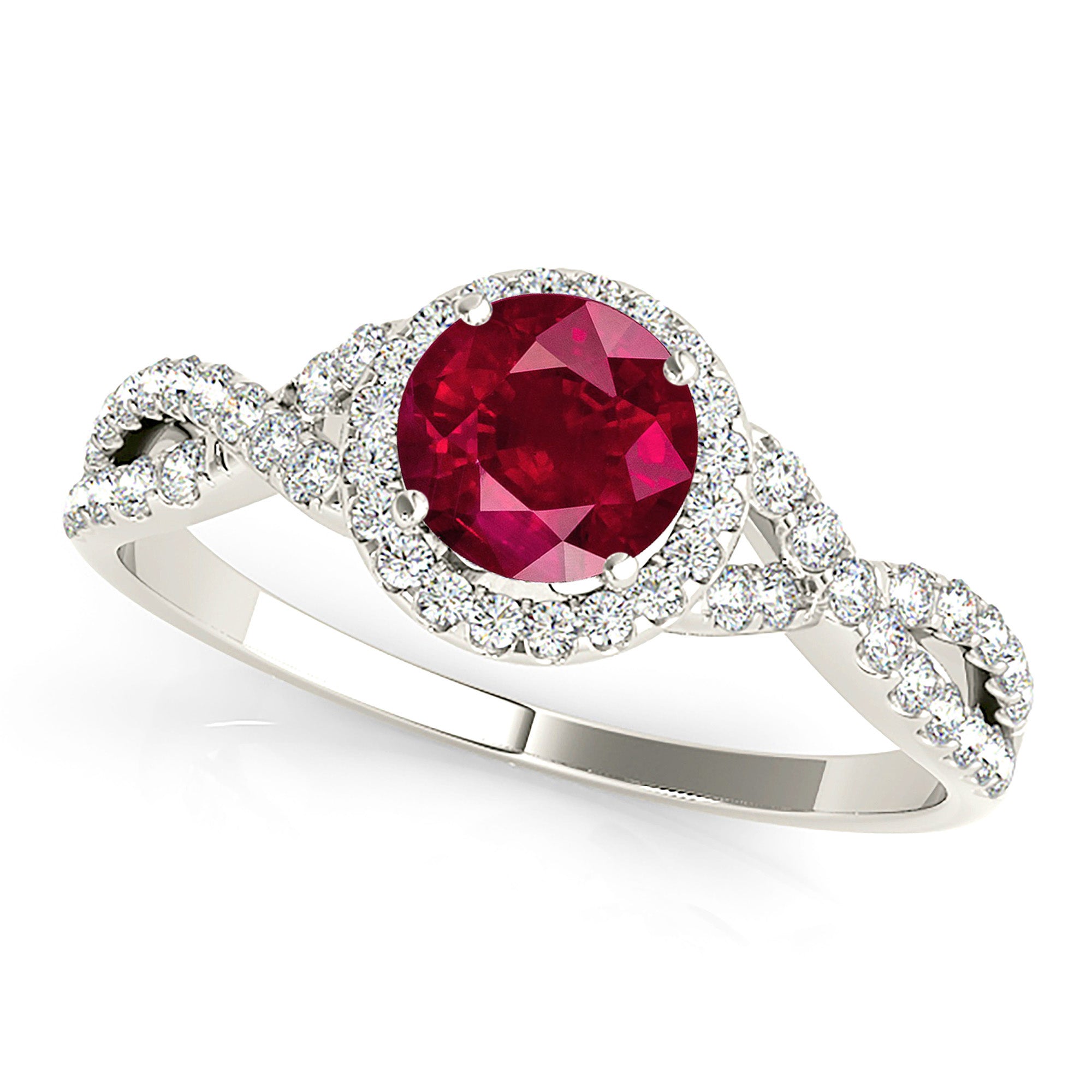 1.35 ct. Genuine Ruby Ring With 0.25 ctw. Diamond Halo And Twist Diamond band-VIRABYANI