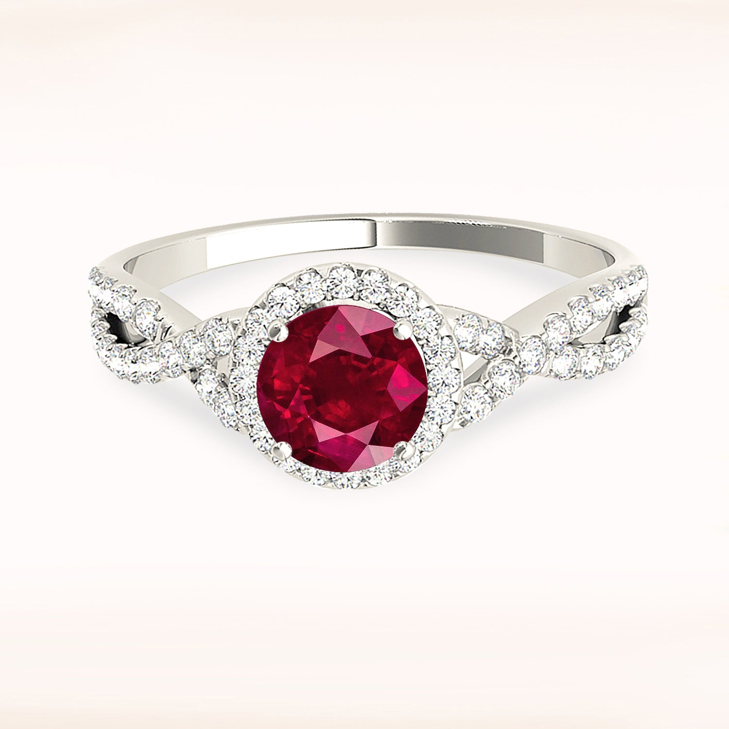 1.35 ct. Genuine Ruby Ring With 0.25 ctw. Diamond Halo And Twist Diamond band-VIRABYANI