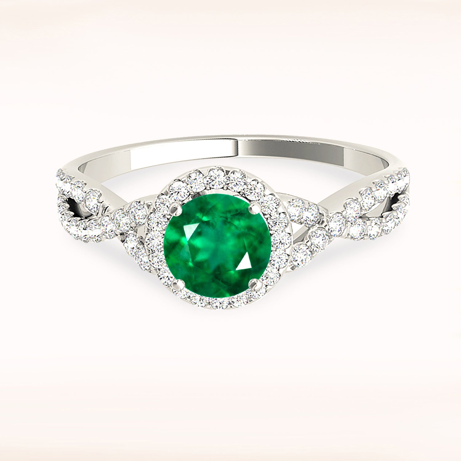 1.14 ct. Genuine Emerald Ring With 0.25 ctw. Diamond Halo And Open Twist Diamond Band-VIRABYANI