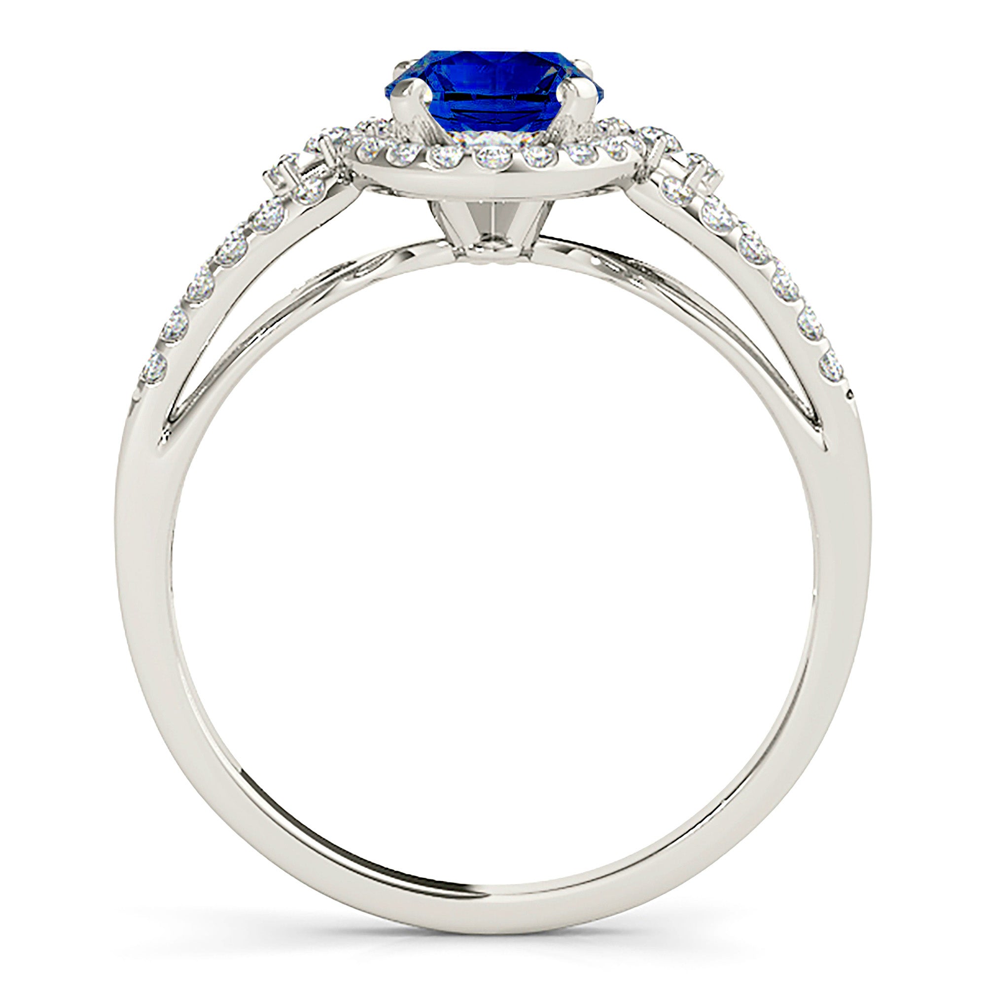 1.35 ct. Genuine Blue Sapphire Split Shank Halo Ring With 0.35 ctw. Side Diamonds-VIRABYANI