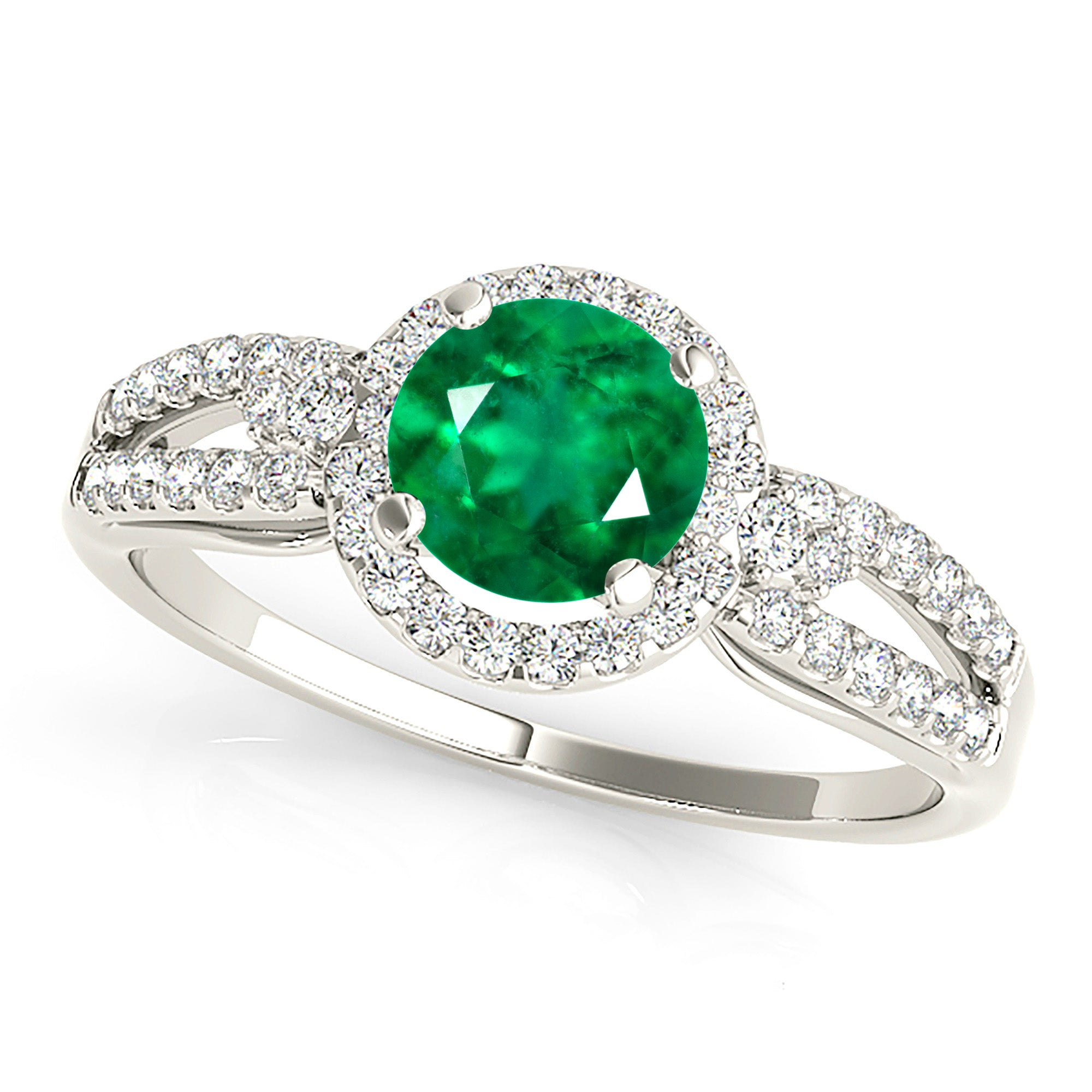 1.14 ct. Genuine Emerald Ring with 0.35 ctw. Diamond Halo And Open Leaf Diamond Band-VIRABYANI