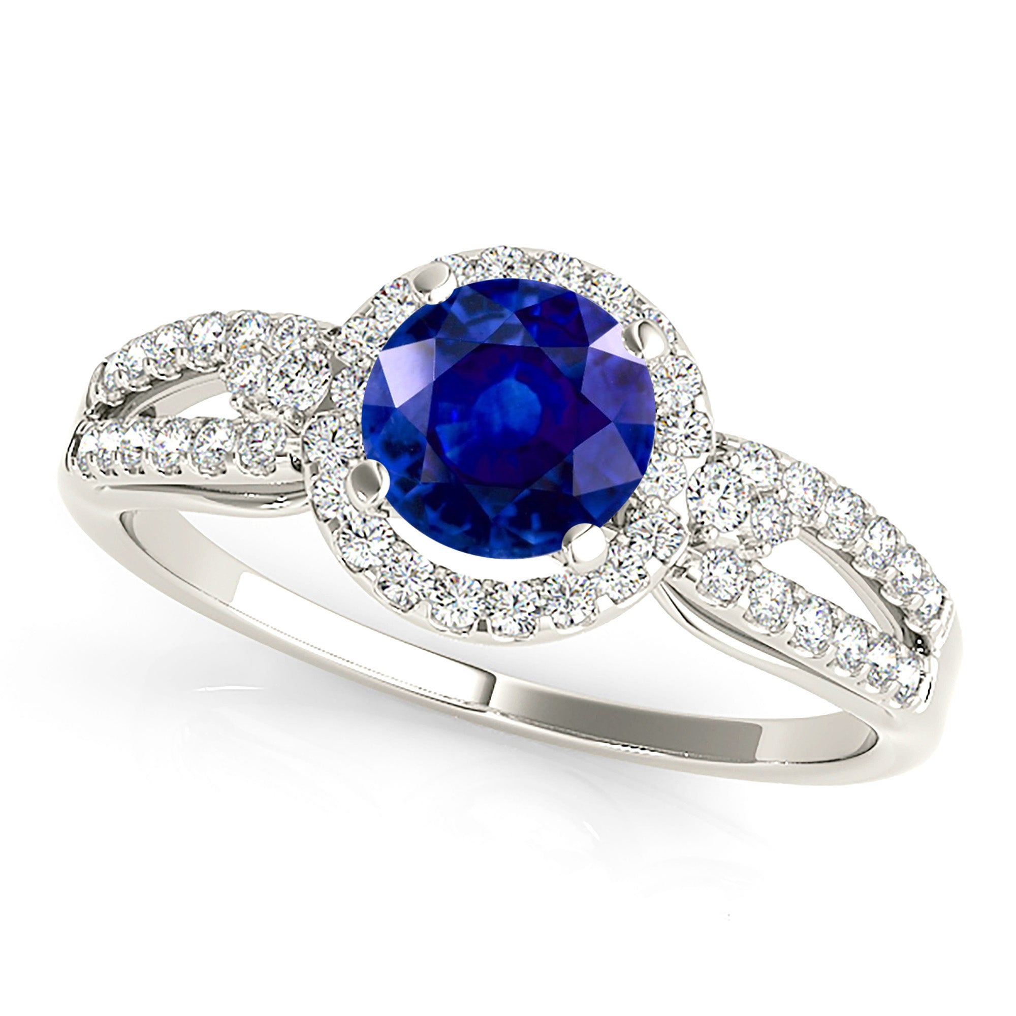 1.35 ct. Genuine Blue Sapphire Split Shank Halo Ring With 0.35 ctw. Side Diamonds-VIRABYANI