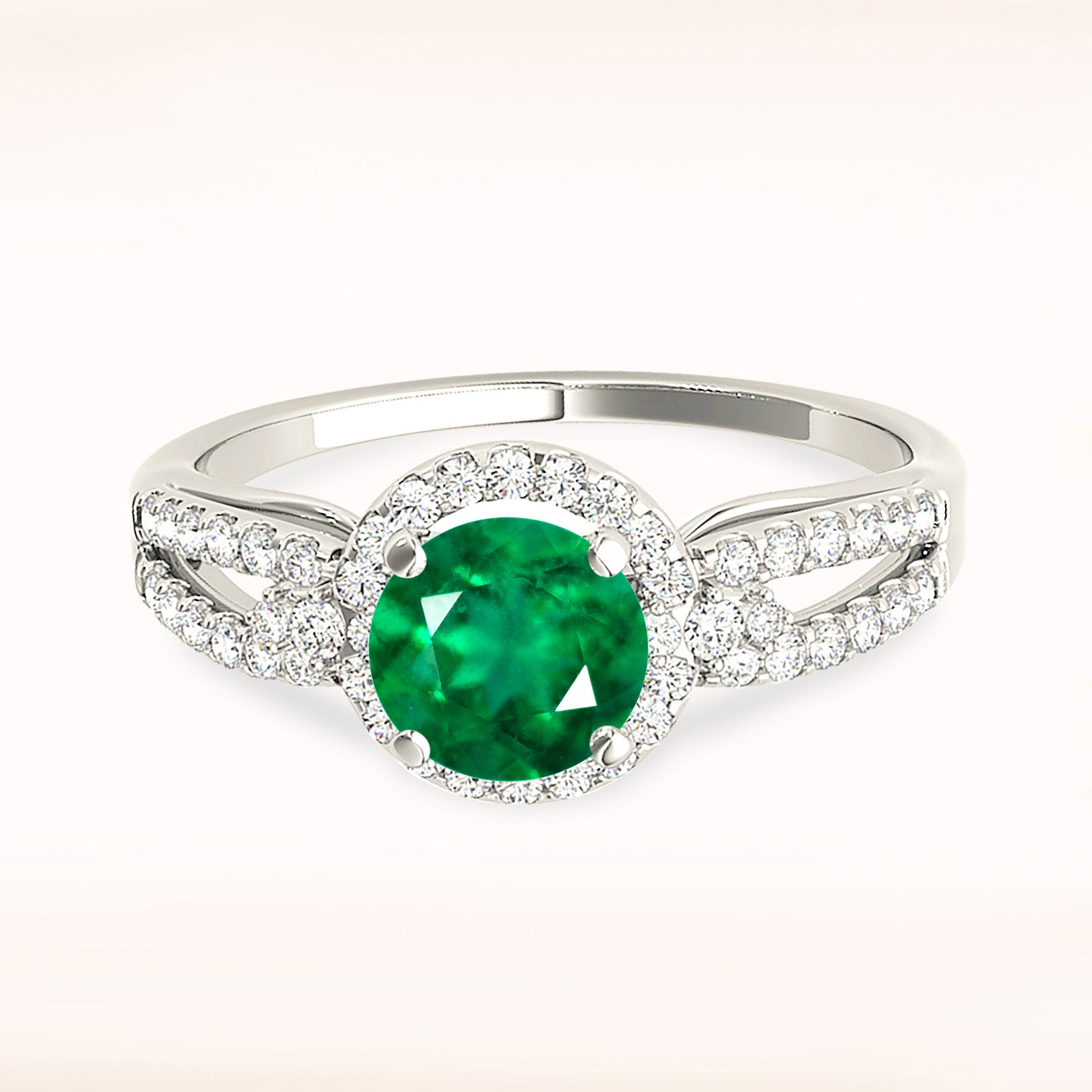 1.14 ct. Genuine Emerald Ring with 0.35 ctw. Diamond Halo And Open Leaf Diamond Band-VIRABYANI