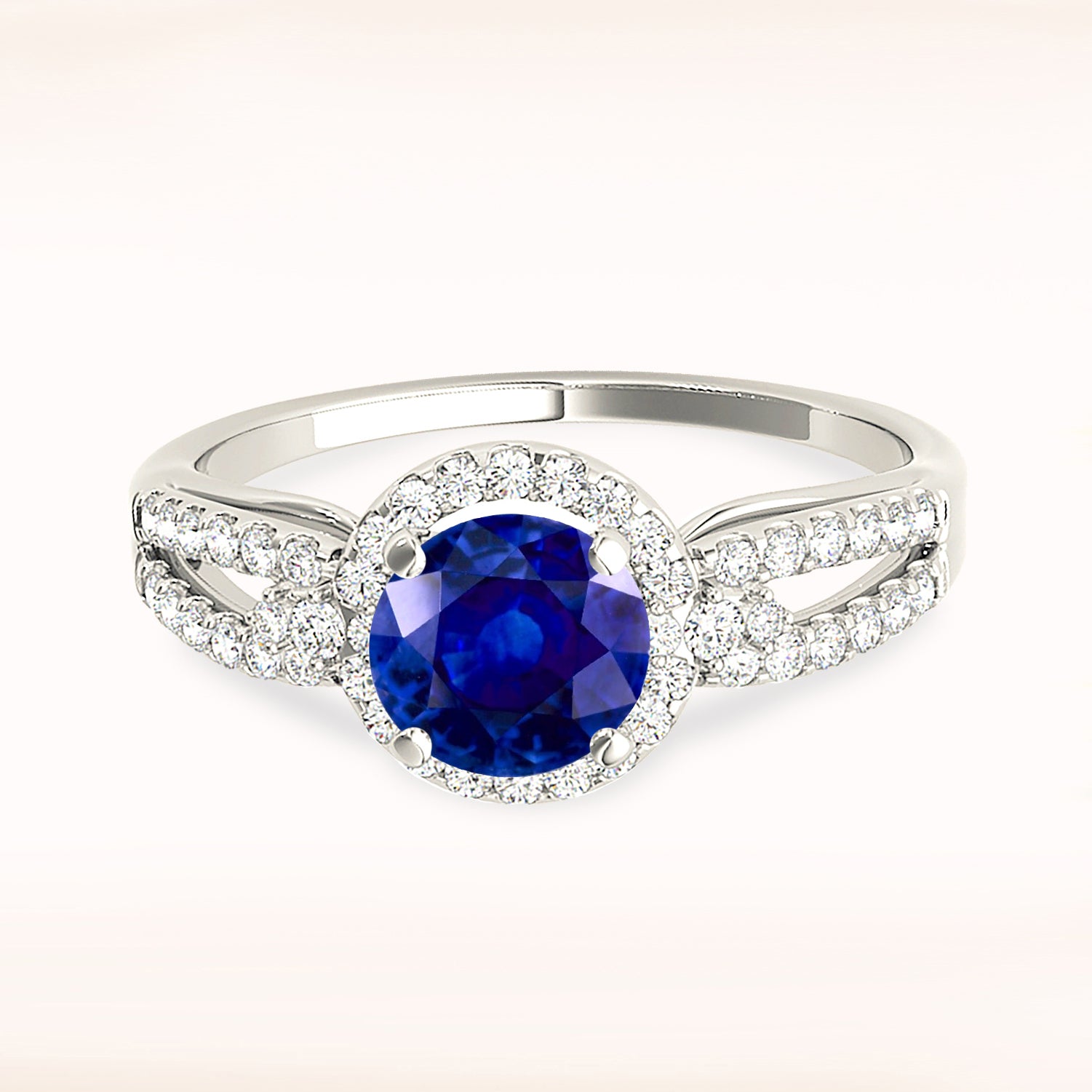 1.35 ct. Genuine Blue Sapphire Split Shank Halo Ring With 0.35 ctw. Side Diamonds-VIRABYANI
