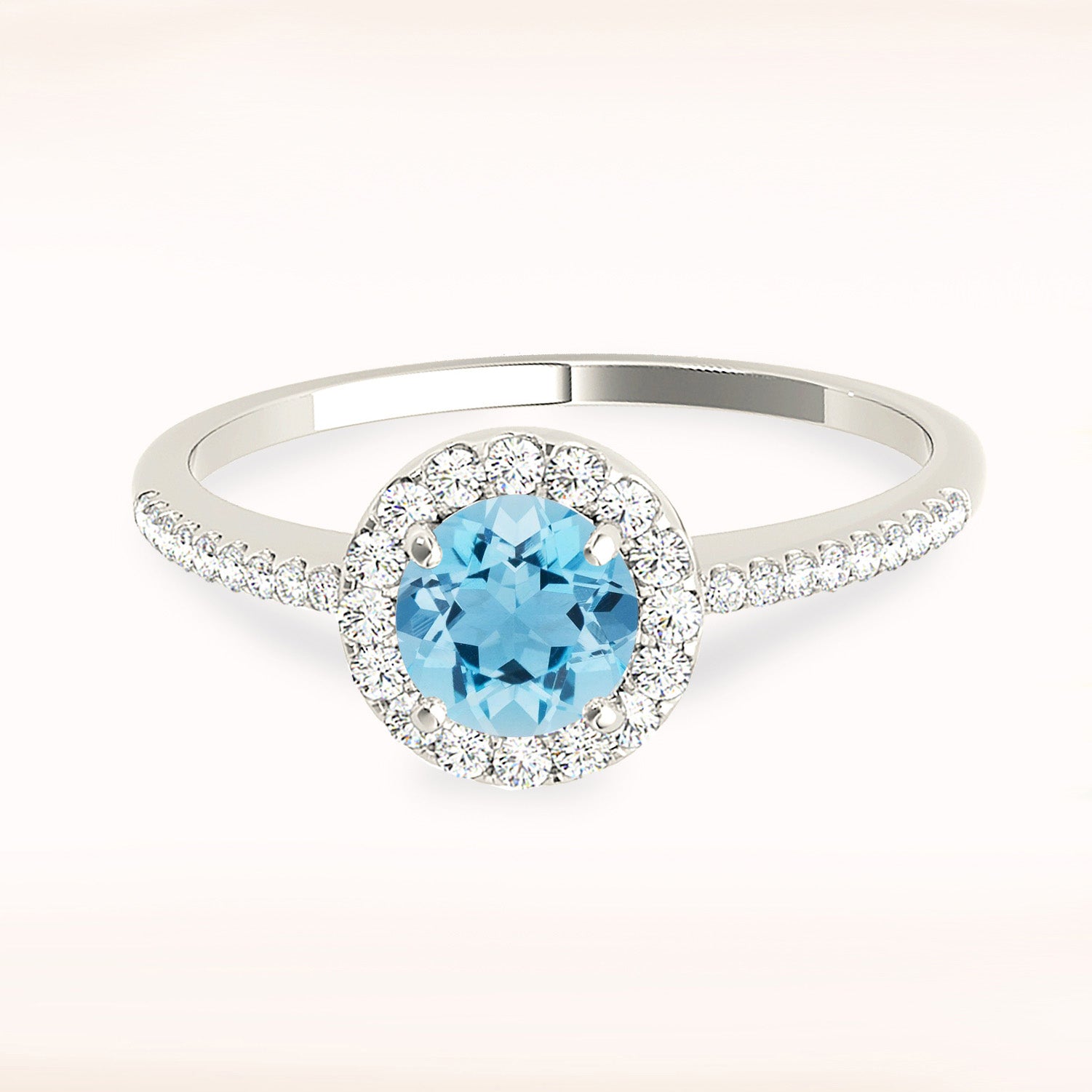 1.10 ct. Genuine Aquamarine Ring With 0.20 ctw. Diamond Halo And delicate Diamond Band | Round Blue Aquamarine Halo Ring-VIRABYANI