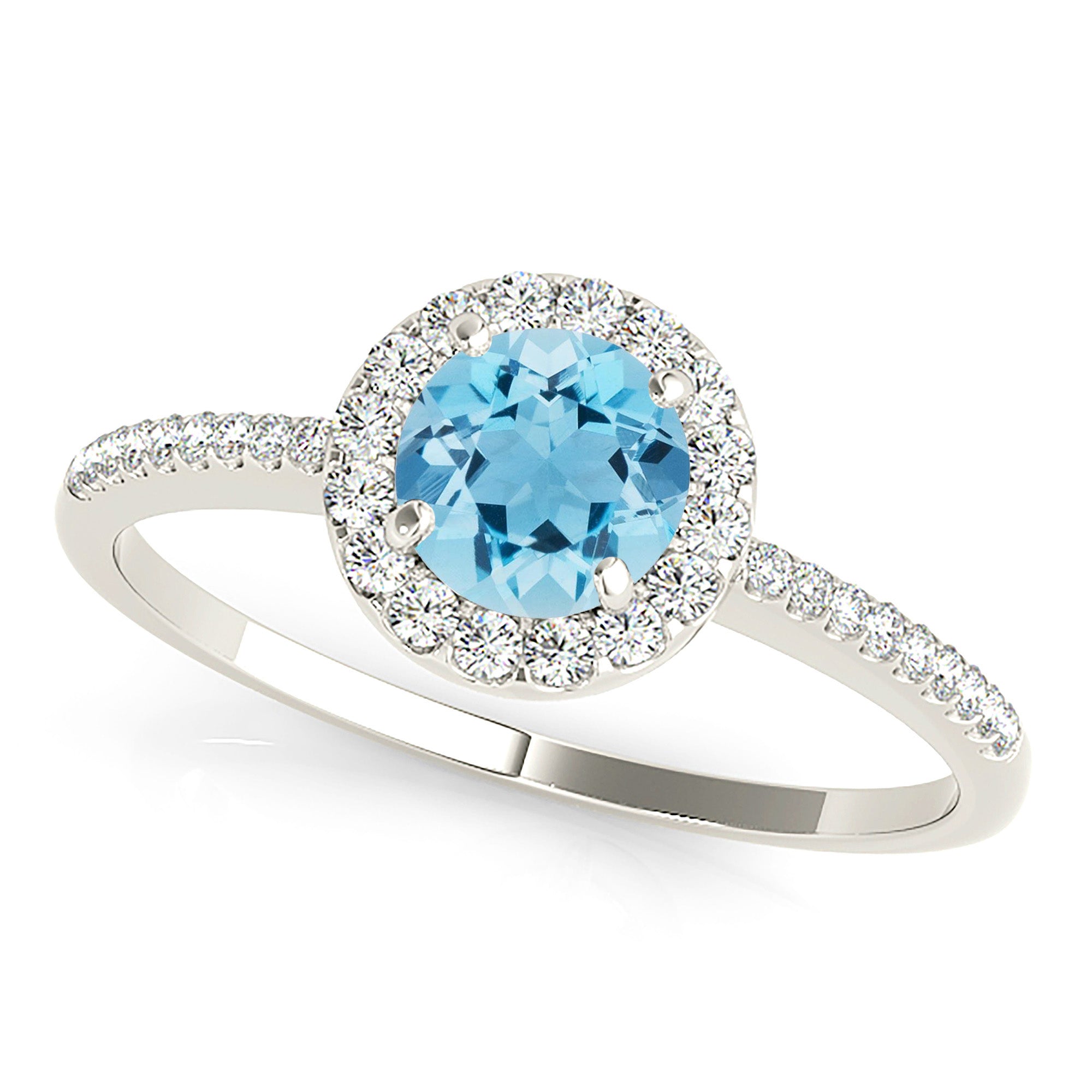 1.10 ct. Genuine Aquamarine Ring With 0.20 ctw. Diamond Halo And delicate Diamond Band | Round Blue Aquamarine Halo Ring-VIRABYANI