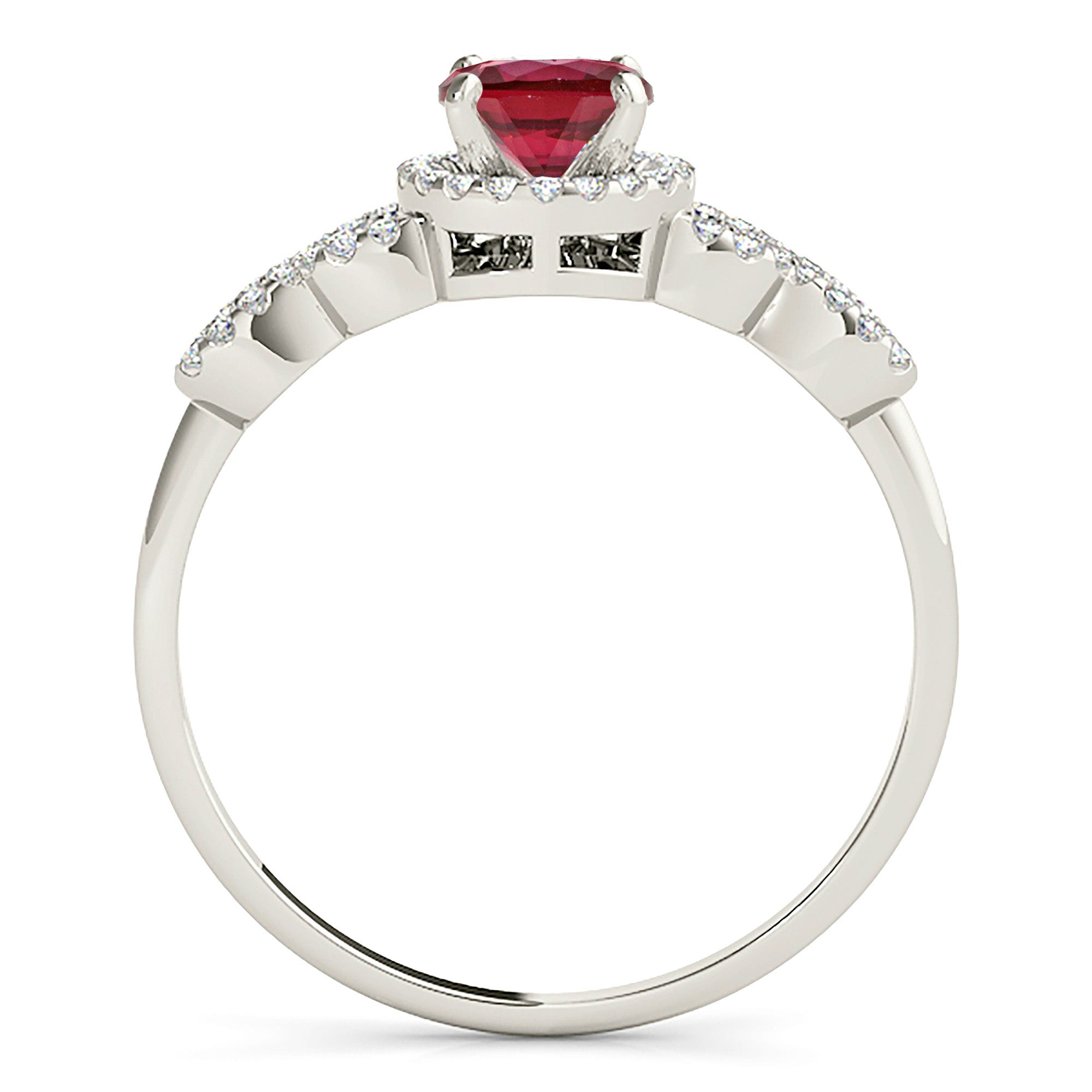 1.35 ct. Genuine Ruby Ring With 0.25 ctw. Diamond Halo, Open Rounded Fancy Diamond Band, High Setting | Ruby Halo Ring | Natural Ruby Ring-VIRABYANI