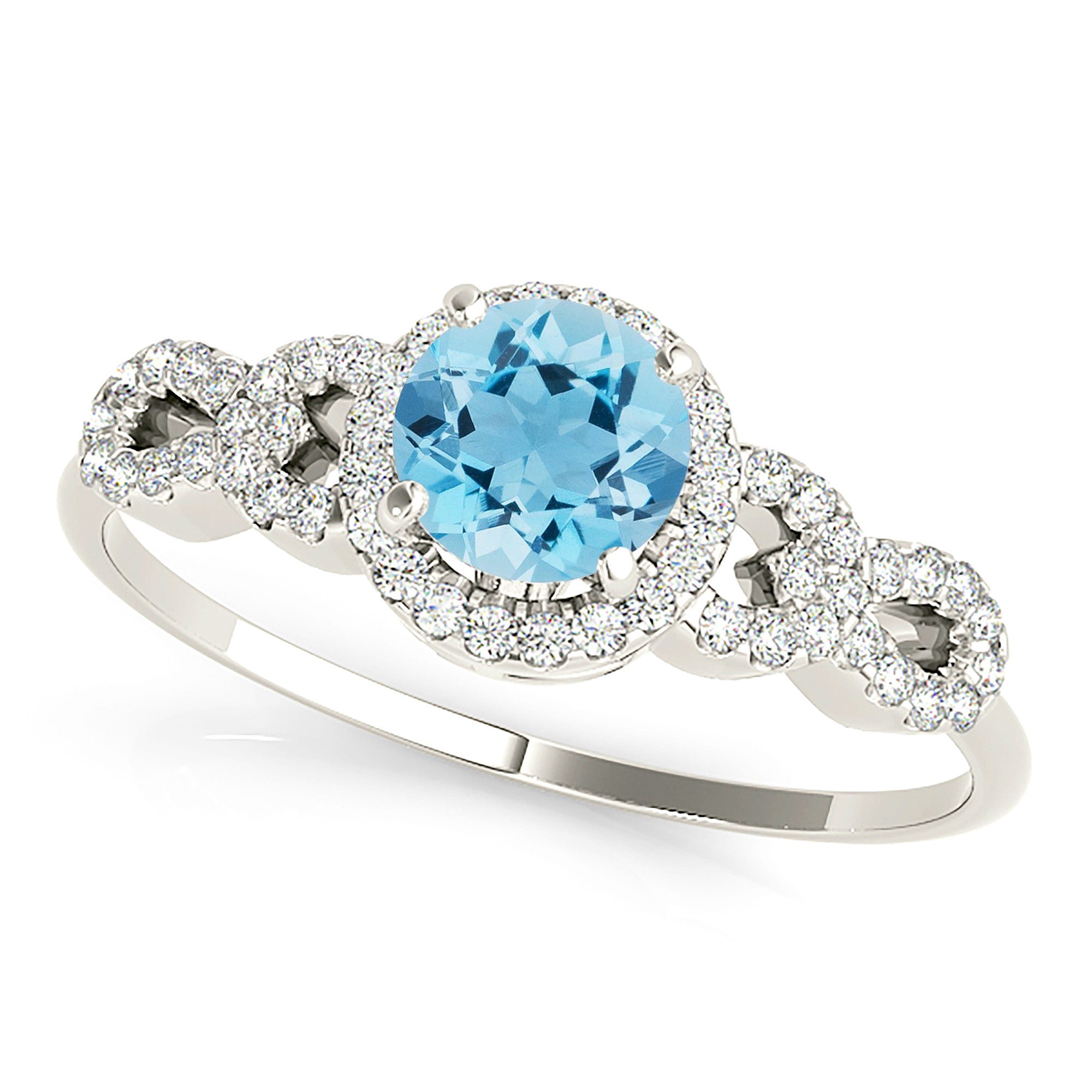 1.10 ct. Genuine Aquamarine Ring With 0.25 ctw. Diamond Halo And Open Link Diamond Band | Round Blue Aquamarine Halo Ring-VIRABYANI