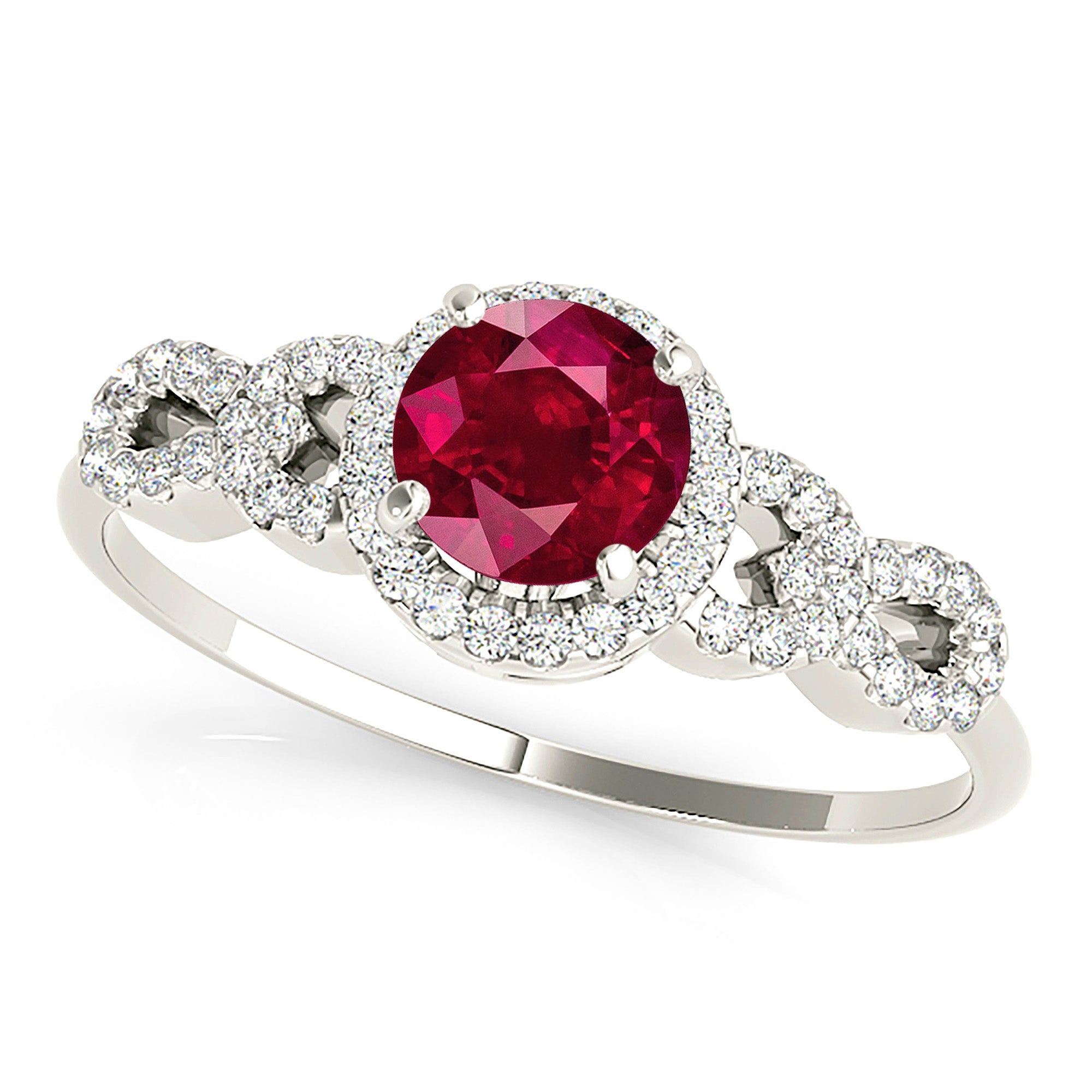 1.35 ct. Genuine Ruby Ring With 0.25 ctw. Diamond Halo, Open Rounded Fancy Diamond Band, High Setting | Ruby Halo Ring | Natural Ruby Ring-VIRABYANI