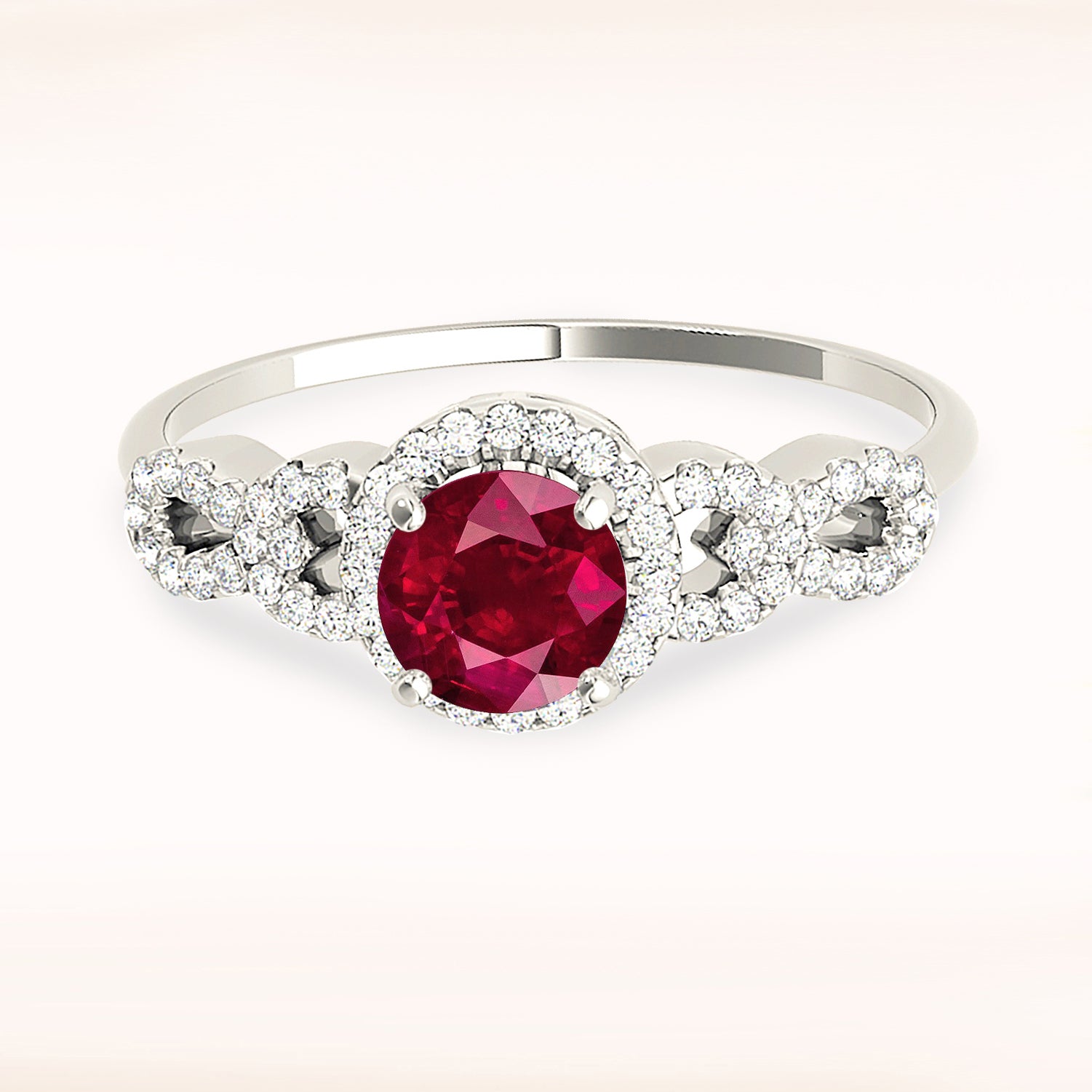 1.35 ct. Genuine Ruby Ring With 0.25 ctw. Diamond Halo, Open Rounded Fancy Diamond Band, High Setting | Ruby Halo Ring | Natural Ruby Ring-VIRABYANI