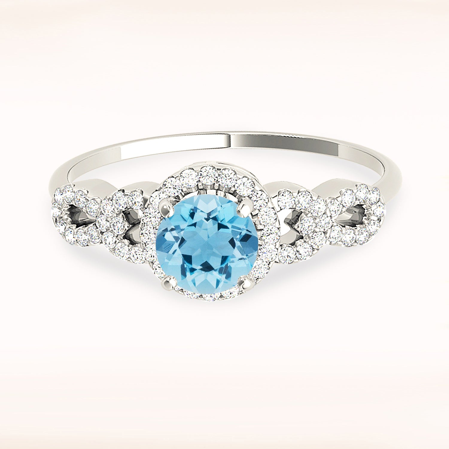 1.10 ct. Genuine Aquamarine Ring With 0.25 ctw. Diamond Halo And Open Link Diamond Band | Round Blue Aquamarine Halo Ring-VIRABYANI