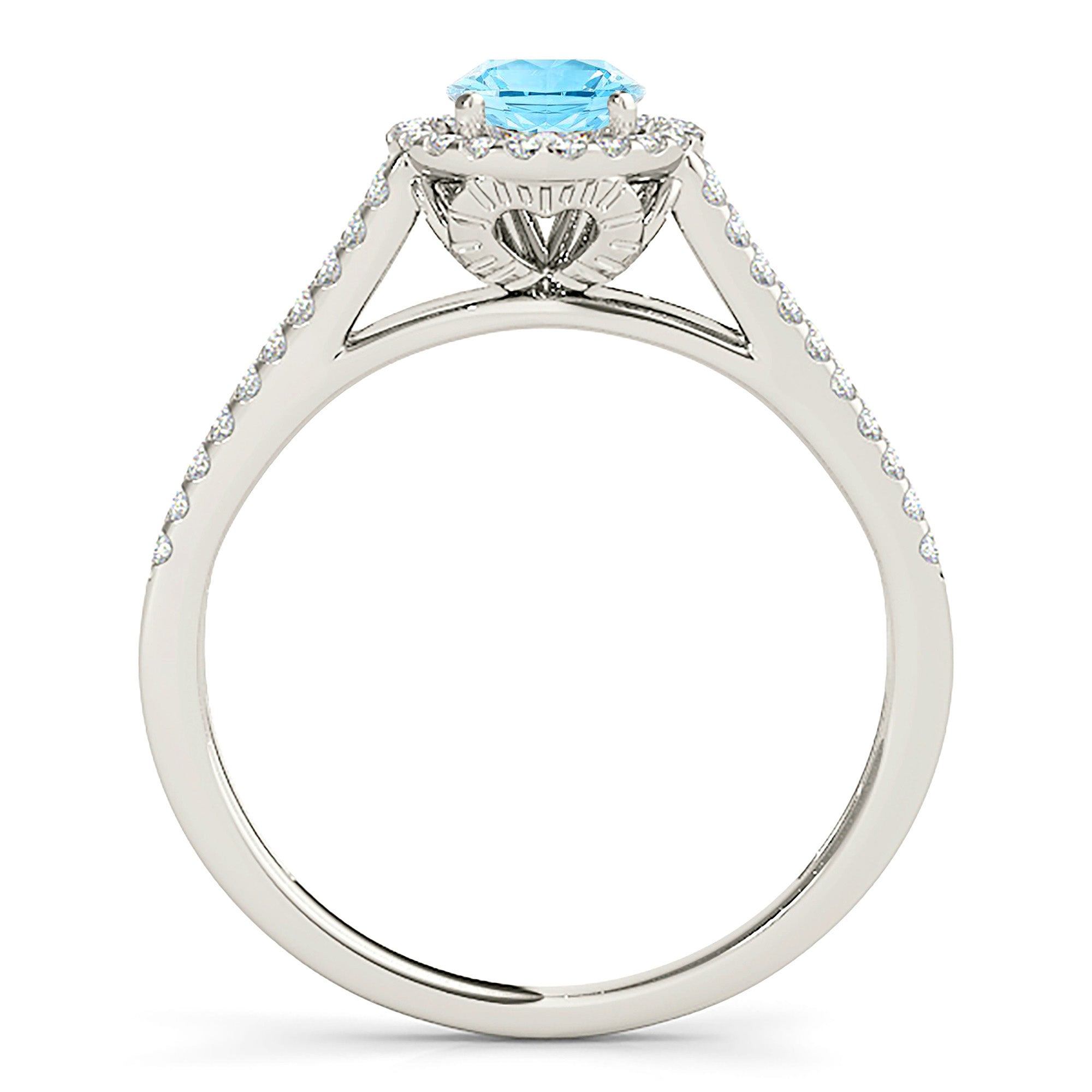 1.00 ct. Genuine Aquamarine Ring With 0.35 ctw. Diamond Halo And V Shape Split Diamond band, Filigree Basket|Round Blue Aquamarine Halo Ring-VIRABYANI