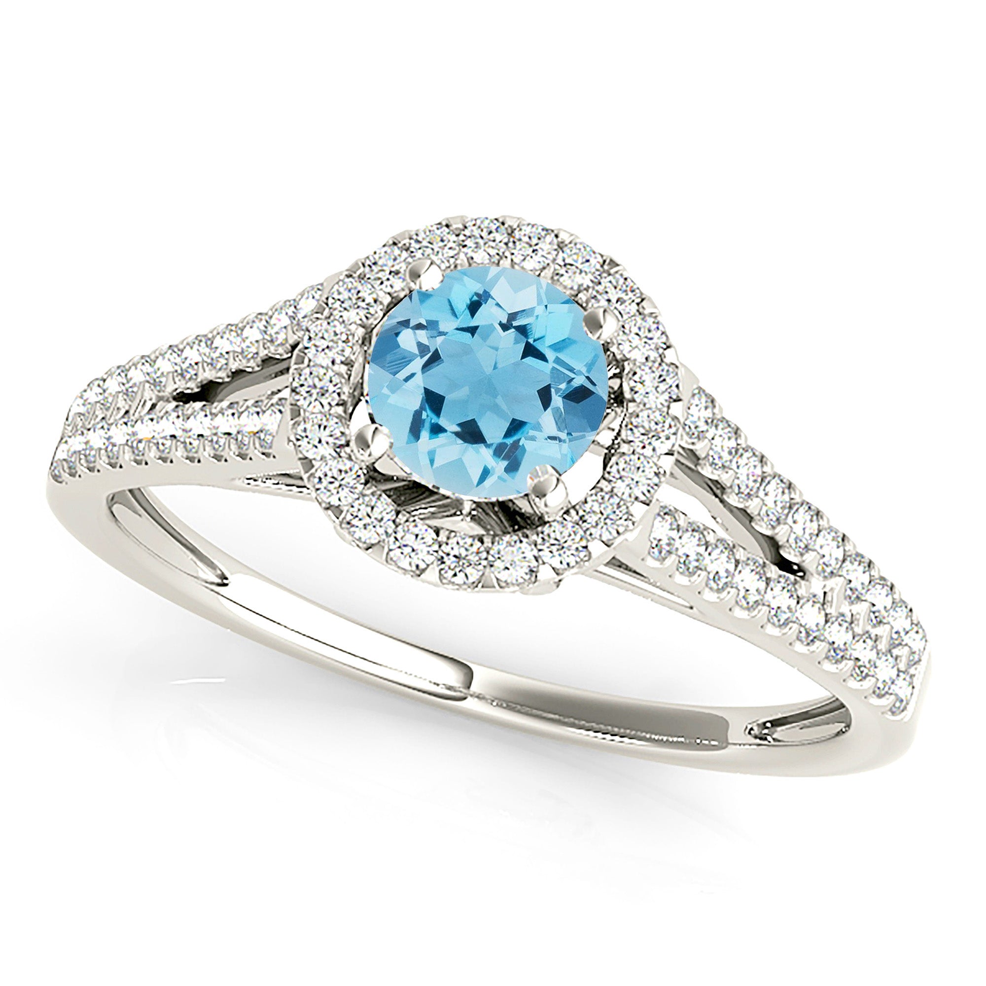 1.00 ct. Genuine Aquamarine Ring With 0.35 ctw. Diamond Halo And V Shape Split Diamond band, Filigree Basket|Round Blue Aquamarine Halo Ring-VIRABYANI