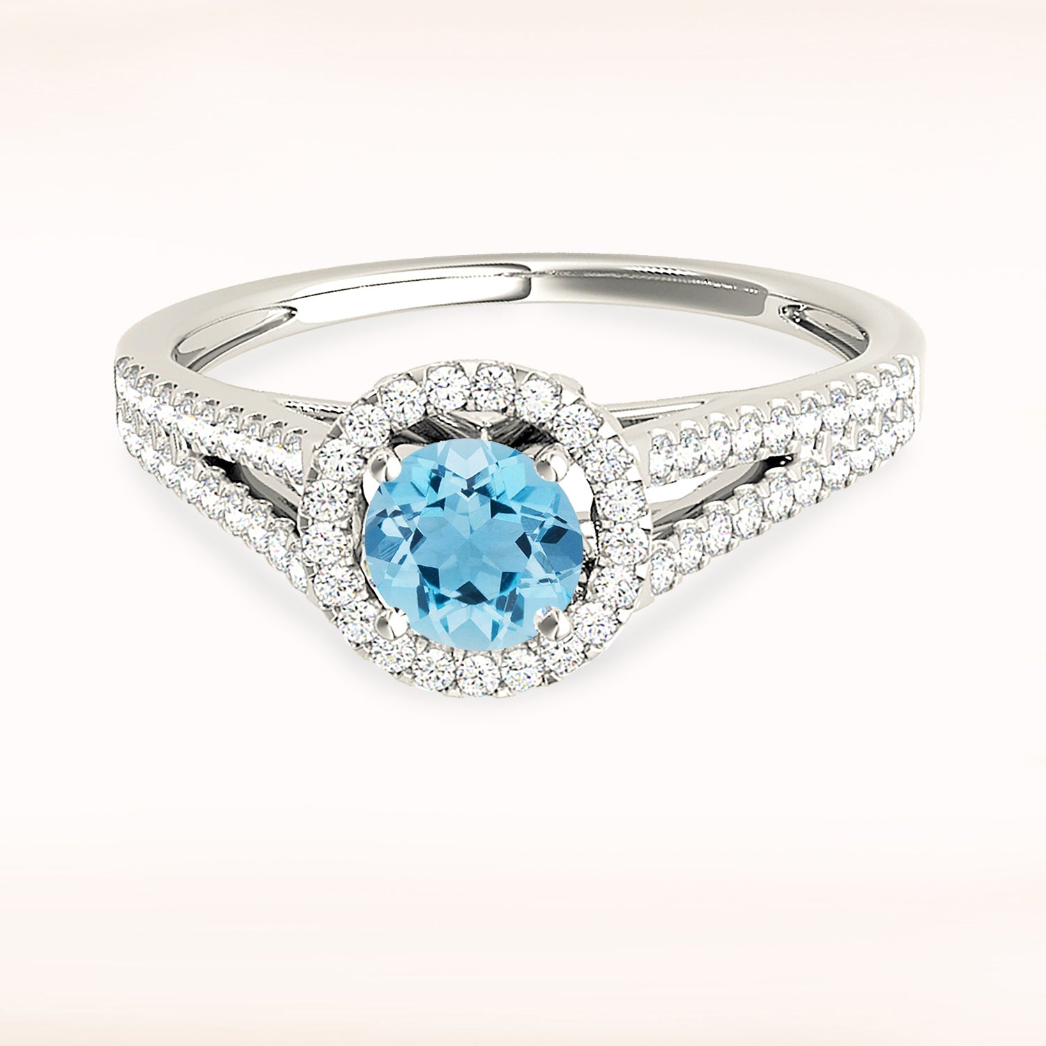 1.00 ct. Genuine Aquamarine Ring With 0.35 ctw. Diamond Halo And V Shape Split Diamond band, Filigree Basket|Round Blue Aquamarine Halo Ring-VIRABYANI