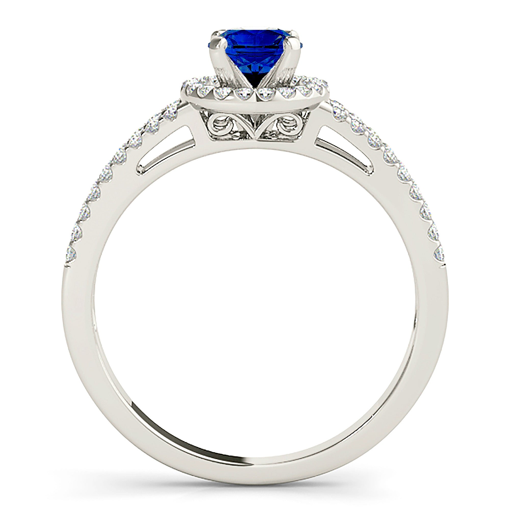 1.20 ct. Genuine Blue Sapphire Split Shank Halo Ring With 0.35 ctw. Side Diamonds-VIRABYANI