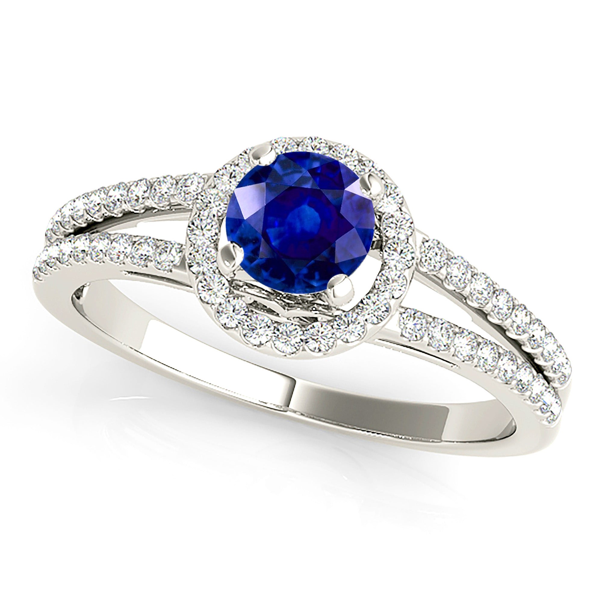 1.20 ct. Genuine Blue Sapphire Split Shank Halo Ring With 0.35 ctw. Side Diamonds-VIRABYANI