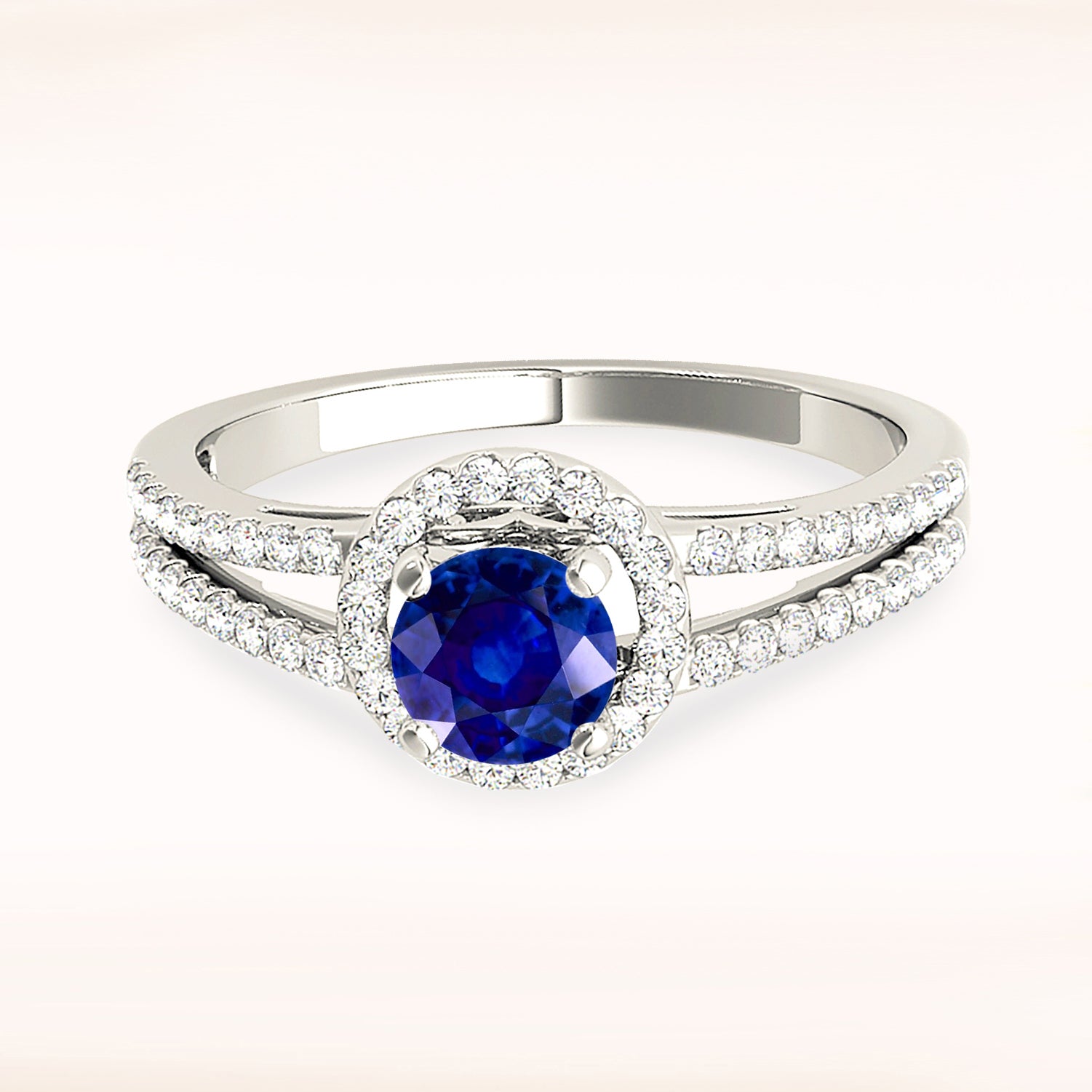 1.20 ct. Genuine Blue Sapphire Split Shank Halo Ring With 0.35 ctw. Side Diamonds-VIRABYANI