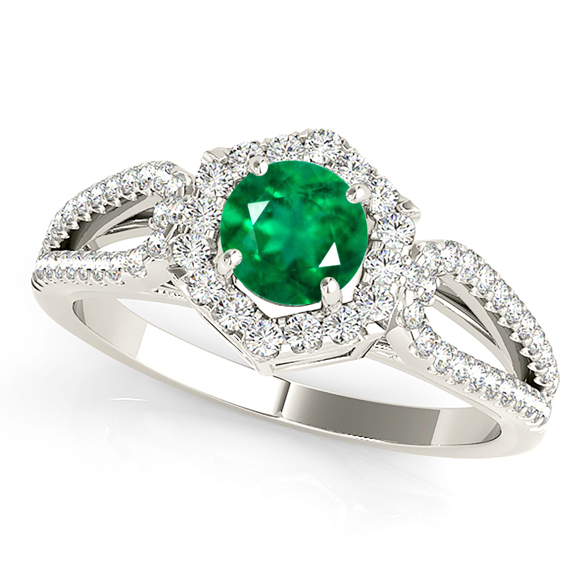 1.14 ct. Genuine Emerald Ring With 0.40 ctw. Diamond Halo And Open Leaf Shape Split Band-in 14K/18K White, Yellow, Rose Gold and Platinum - Christmas Jewelry Gift -VIRABYANI
