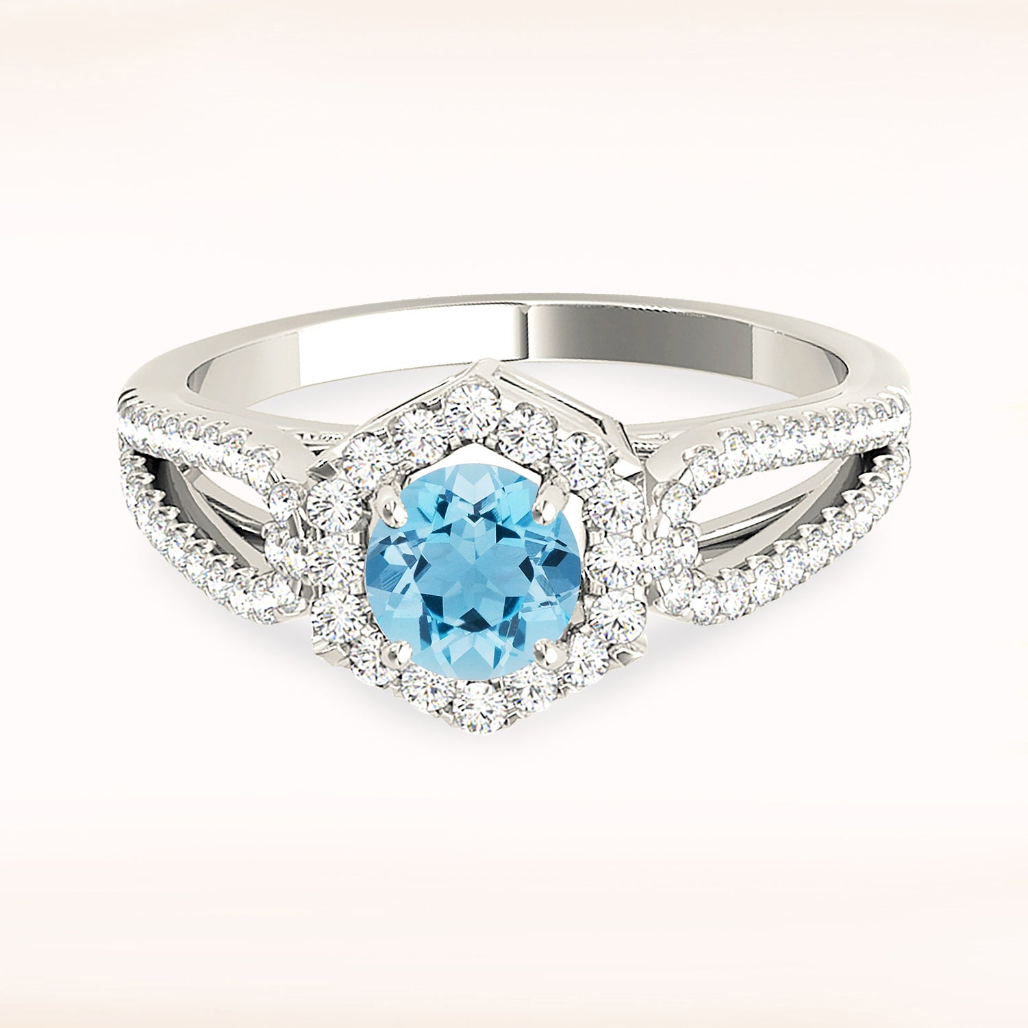 1.10 ct. Genuine Aquamarine Ring With 0.40 ctw. Diamond Hexagon Shape Halo, Open Rounded Diamond band | Round Blue Aquamarine Halo Ring-VIRABYANI
