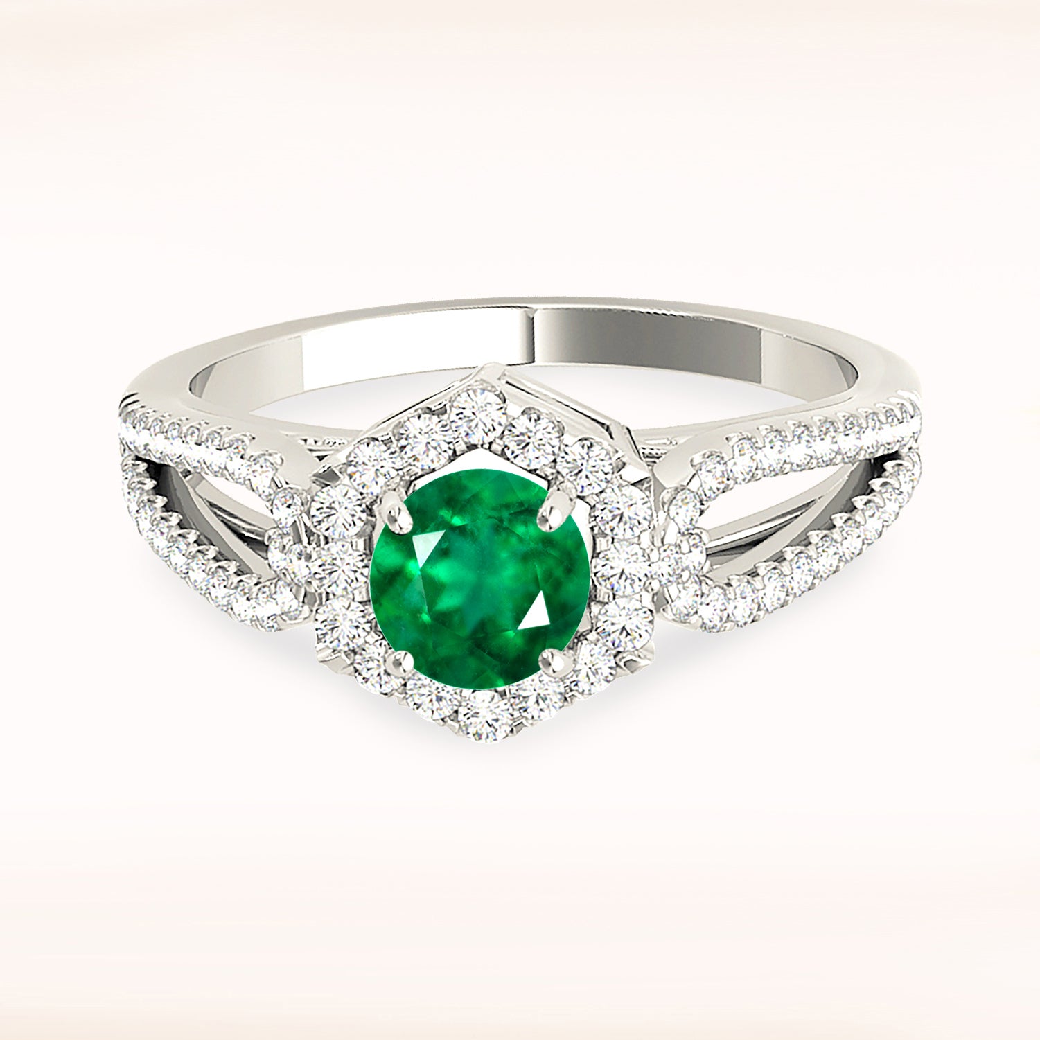 1.14 ct. Genuine Emerald Ring With 0.40 ctw. Diamond Halo And Open Leaf Shape Split Band-VIRABYANI