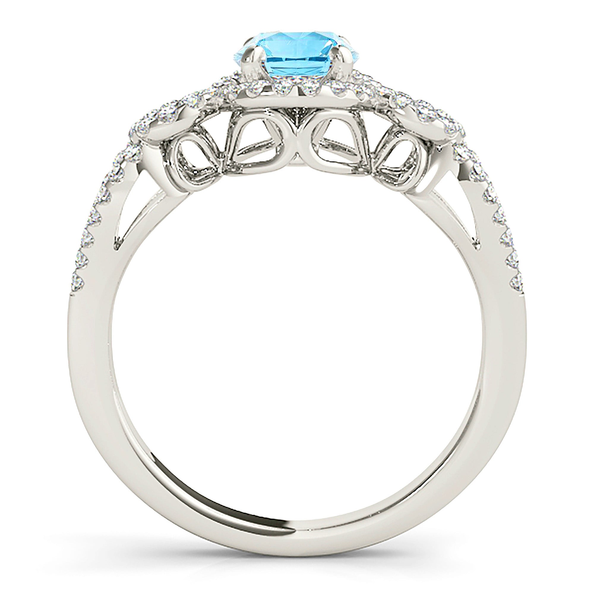 1.10 ct. Genuine Aquamarine Ring With 0.35 ctw. Diamond Halo,Open Rounded Diamond Band, Hand Carved Gallery |Round Blue Aquamarine Halo Ring-VIRABYANI