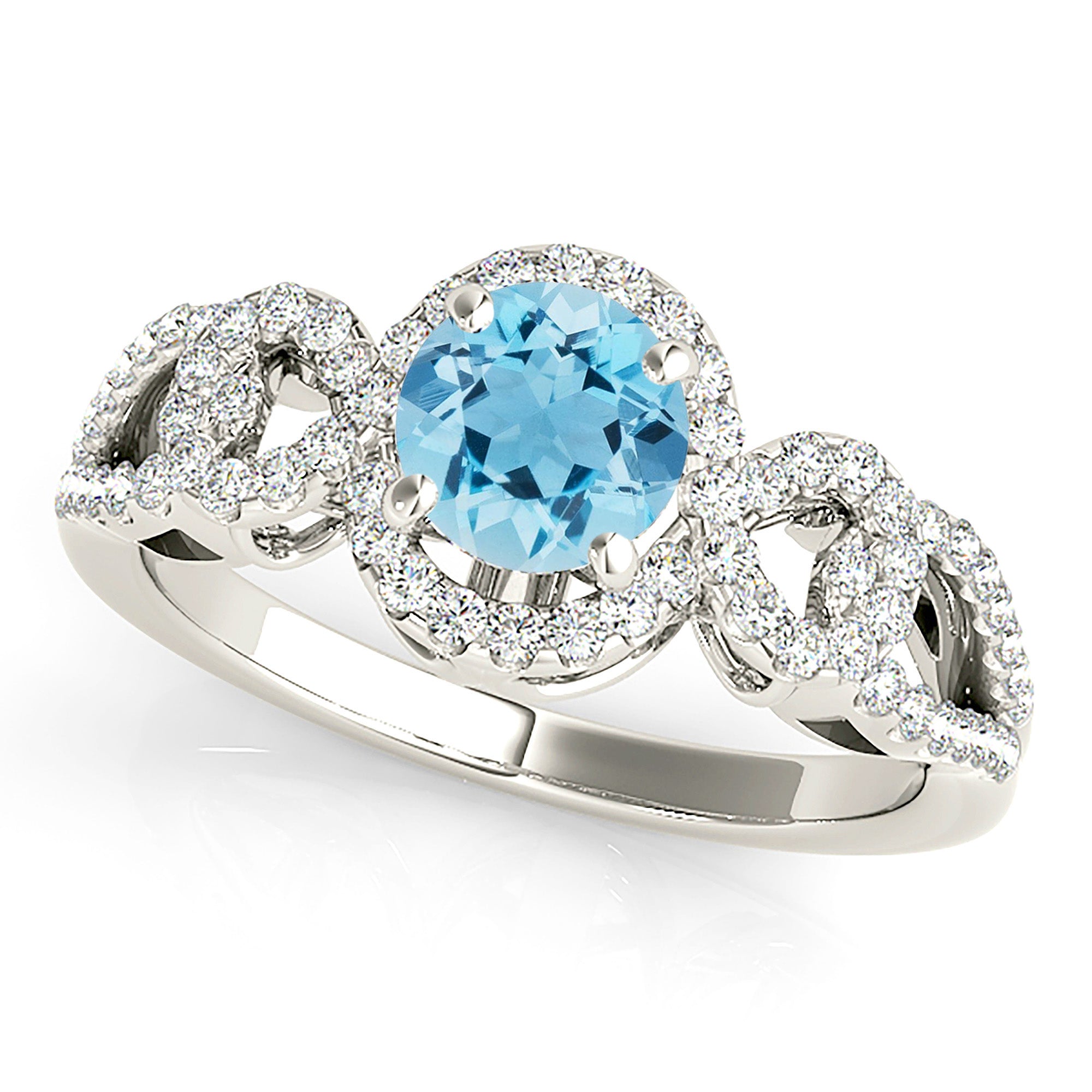1.10 ct. Genuine Aquamarine Ring With 0.35 ctw. Diamond Halo,Open Rounded Diamond Band, Hand Carved Gallery |Round Blue Aquamarine Halo Ring-VIRABYANI