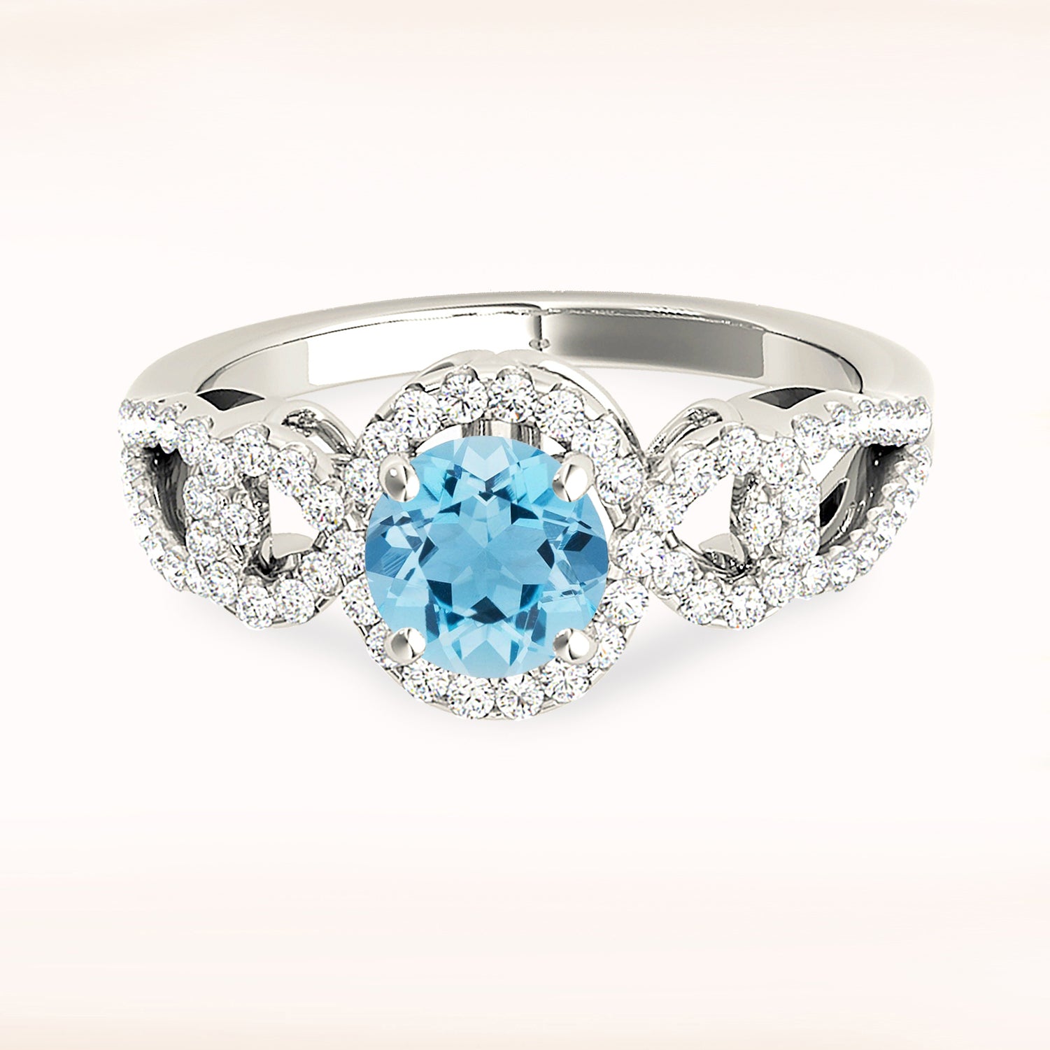 1.10 ct. Genuine Aquamarine Ring With 0.35 ctw. Diamond Halo,Open Rounded Diamond Band, Hand Carved Gallery |Round Blue Aquamarine Halo Ring-VIRABYANI