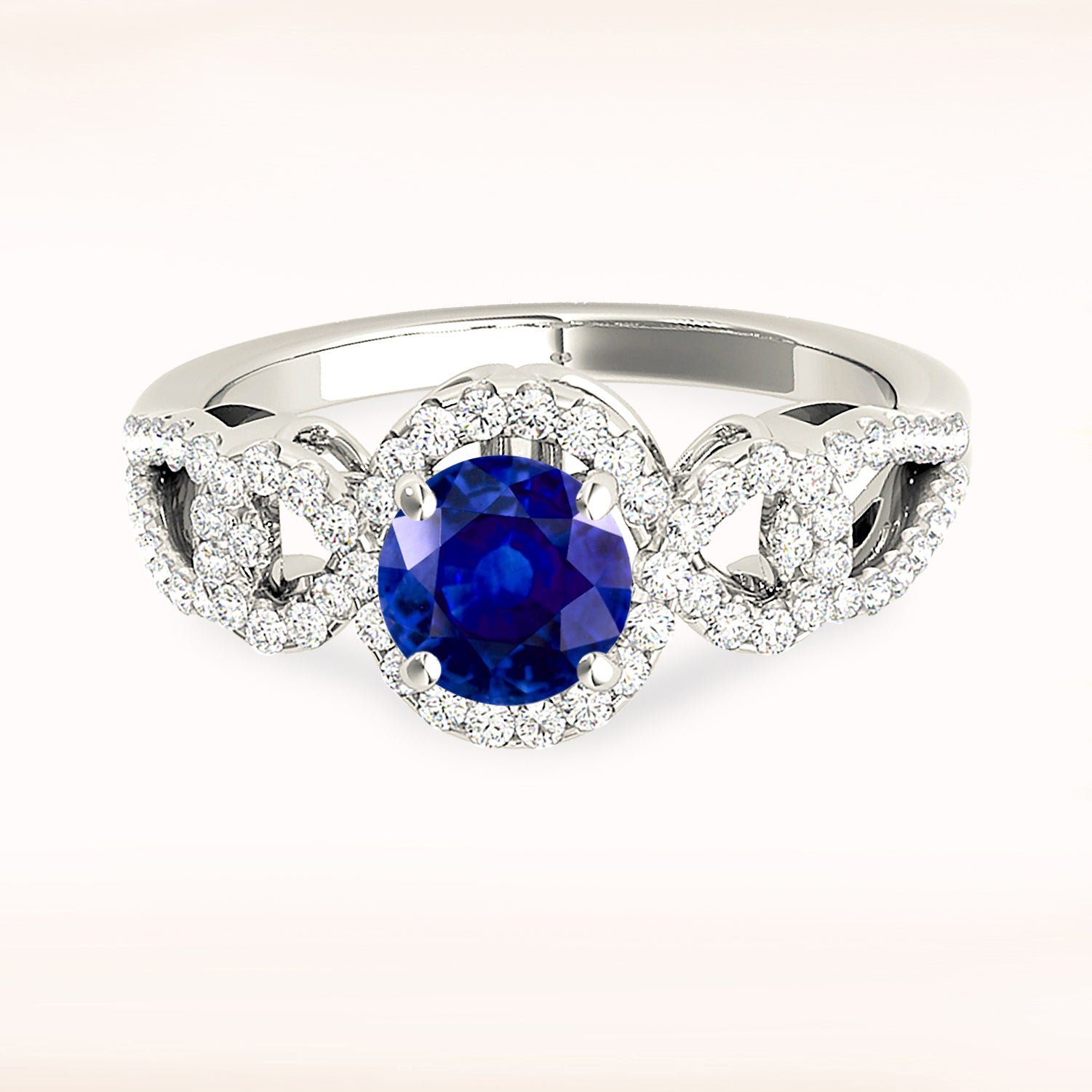 1.35 ct. Genuine Blue Sapphire Knot Halo Ring With 0.35 ctw. Side Diamonds-VIRABYANI