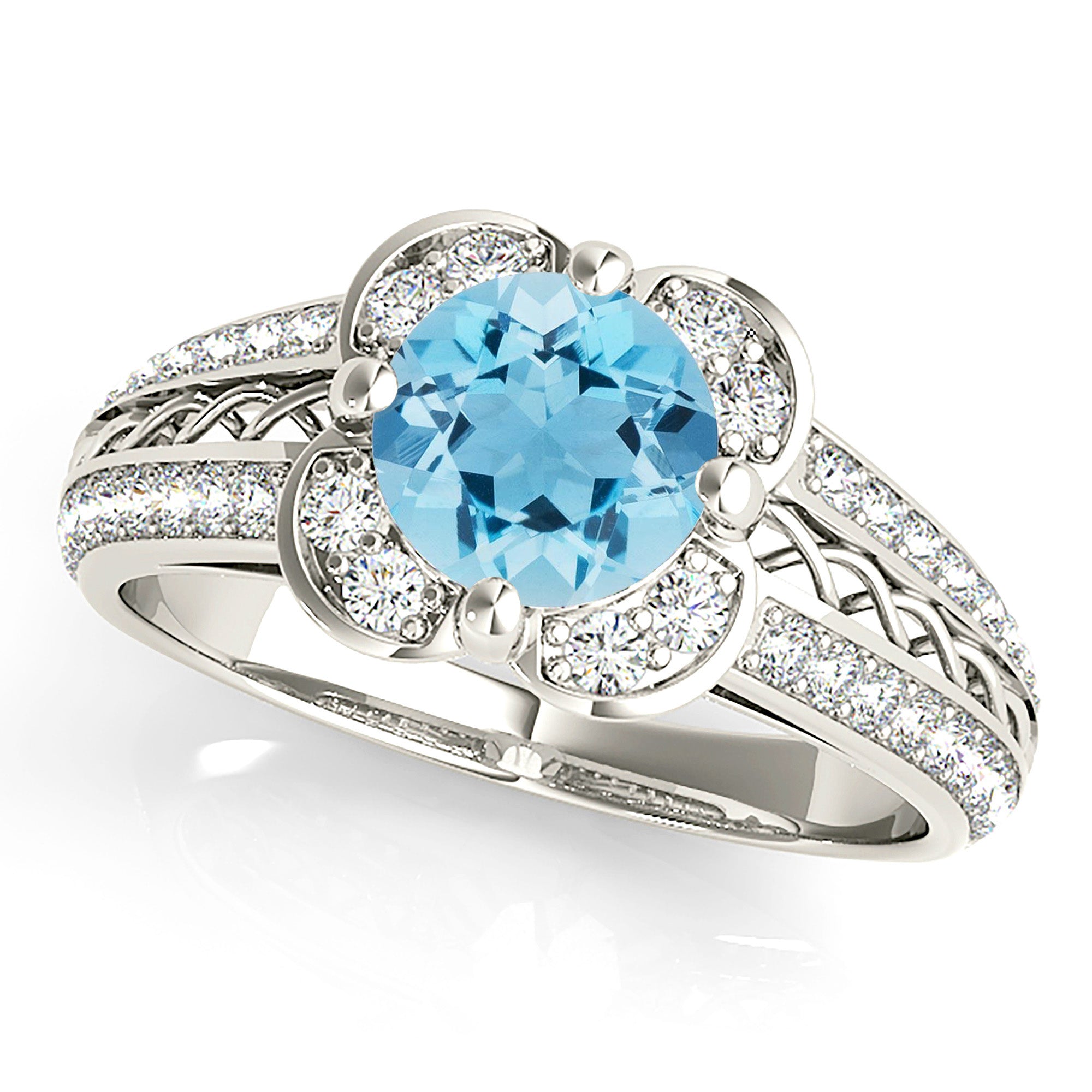 1.75 ct. Genuine Aquamarine Ring With 0.50 ctw. Diamond Floral Halo, Graduating Diamond and Solid Gold Twist Band |Blue Aquamarine Halo Ring-VIRABYANI