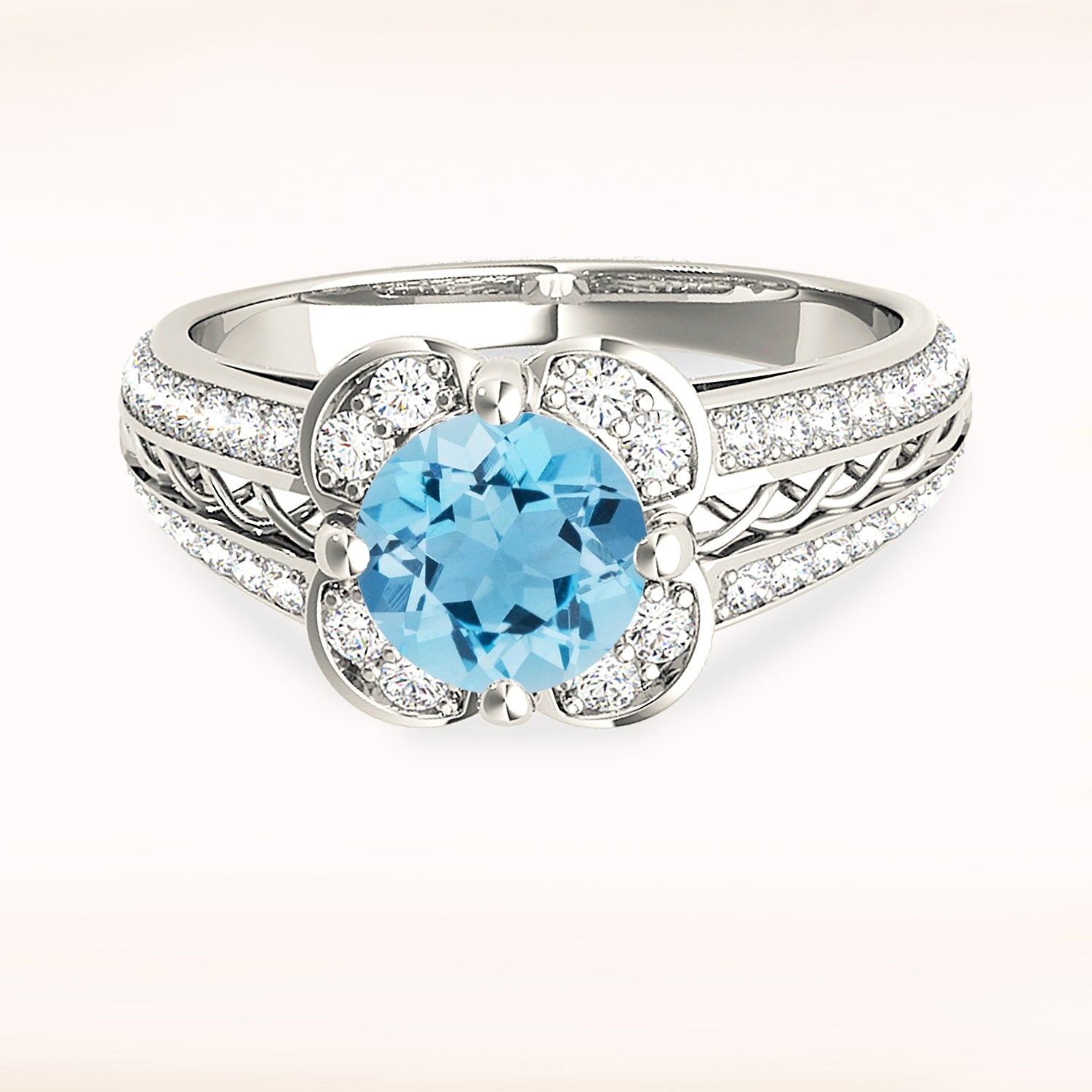 1.75 ct. Genuine Aquamarine Ring With 0.50 ctw. Diamond Floral Halo, Graduating Diamond and Solid Gold Twist Band |Blue Aquamarine Halo Ring-VIRABYANI