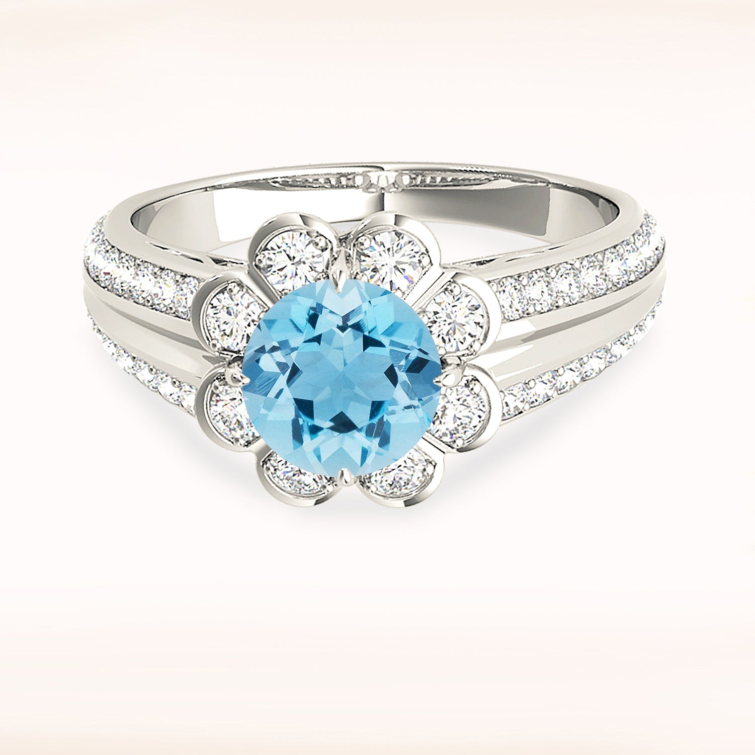 1.10 ct. Genuine Aquamarine Ring With 0.40 ctw. Diamond Floral Halo, Graduating Diamond and Solid Gold Band | Round Blue Aquamarine Halo Ring-VIRABYANI