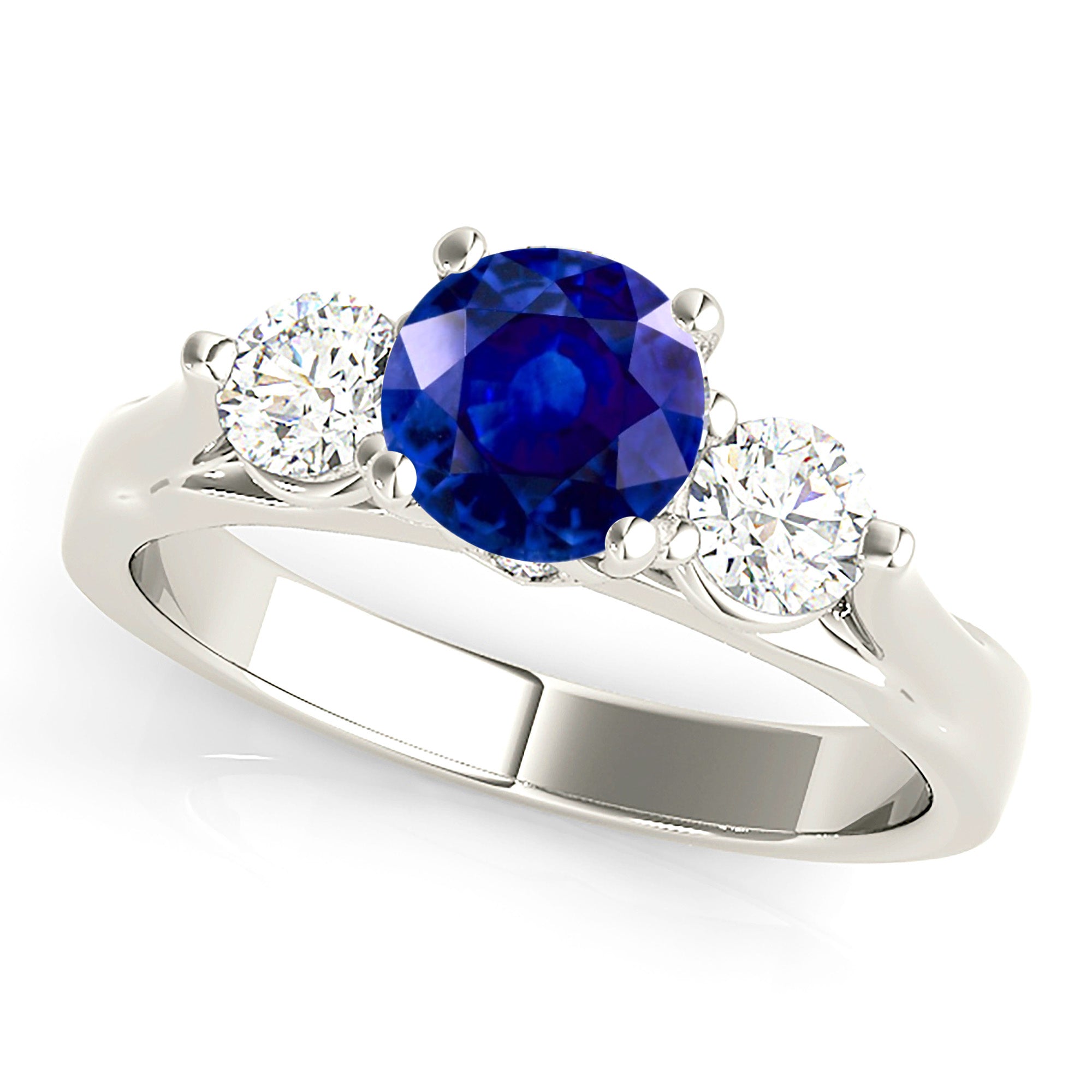 1.35 ct. Genuine Blue Sapphire Three Stone Ring With 0.40 ctw. Diamonds-in 14K/18K White, Yellow, Rose Gold and Platinum - Christmas Jewelry Gift -VIRABYANI