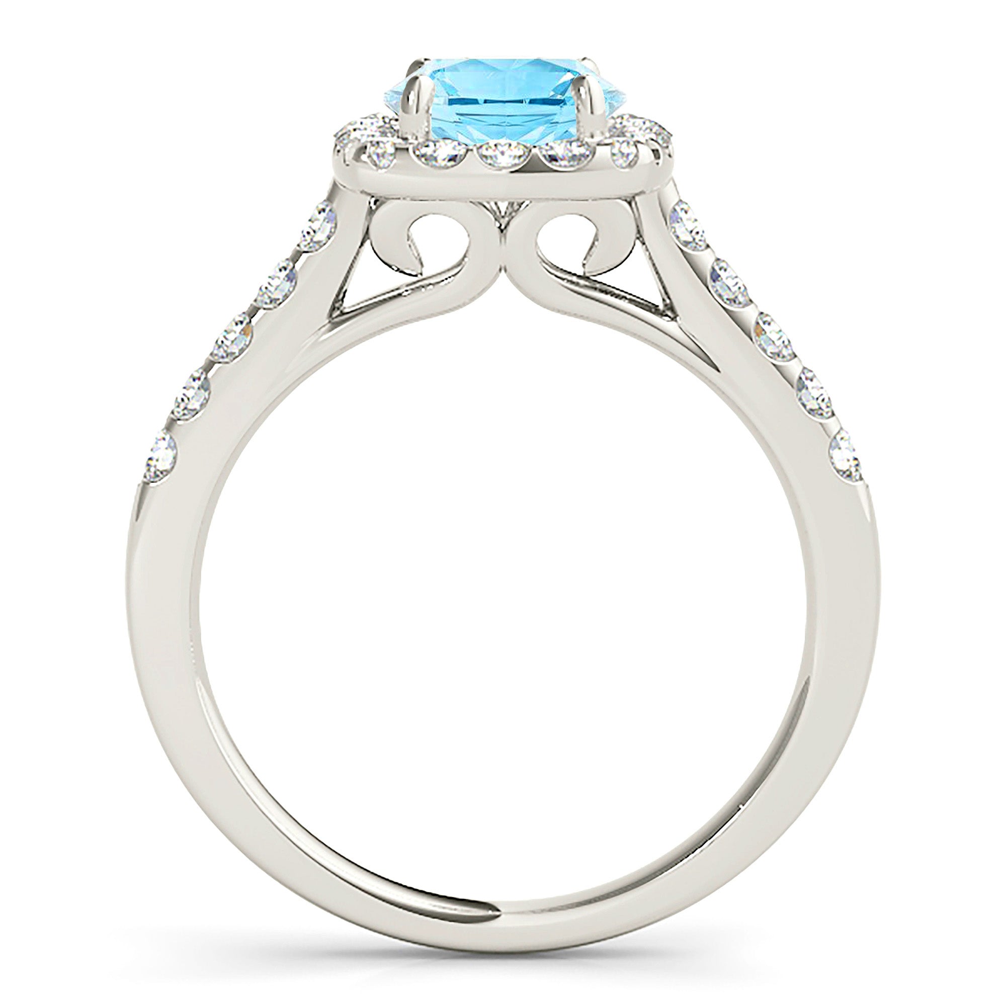 1.75 ct. Genuine Aquamarine Ring With 0.60 ctw. Diamond Cushion Halo And Delicate Diamond Band | Round Blue Aquamarine Halo Ring-VIRABYANI